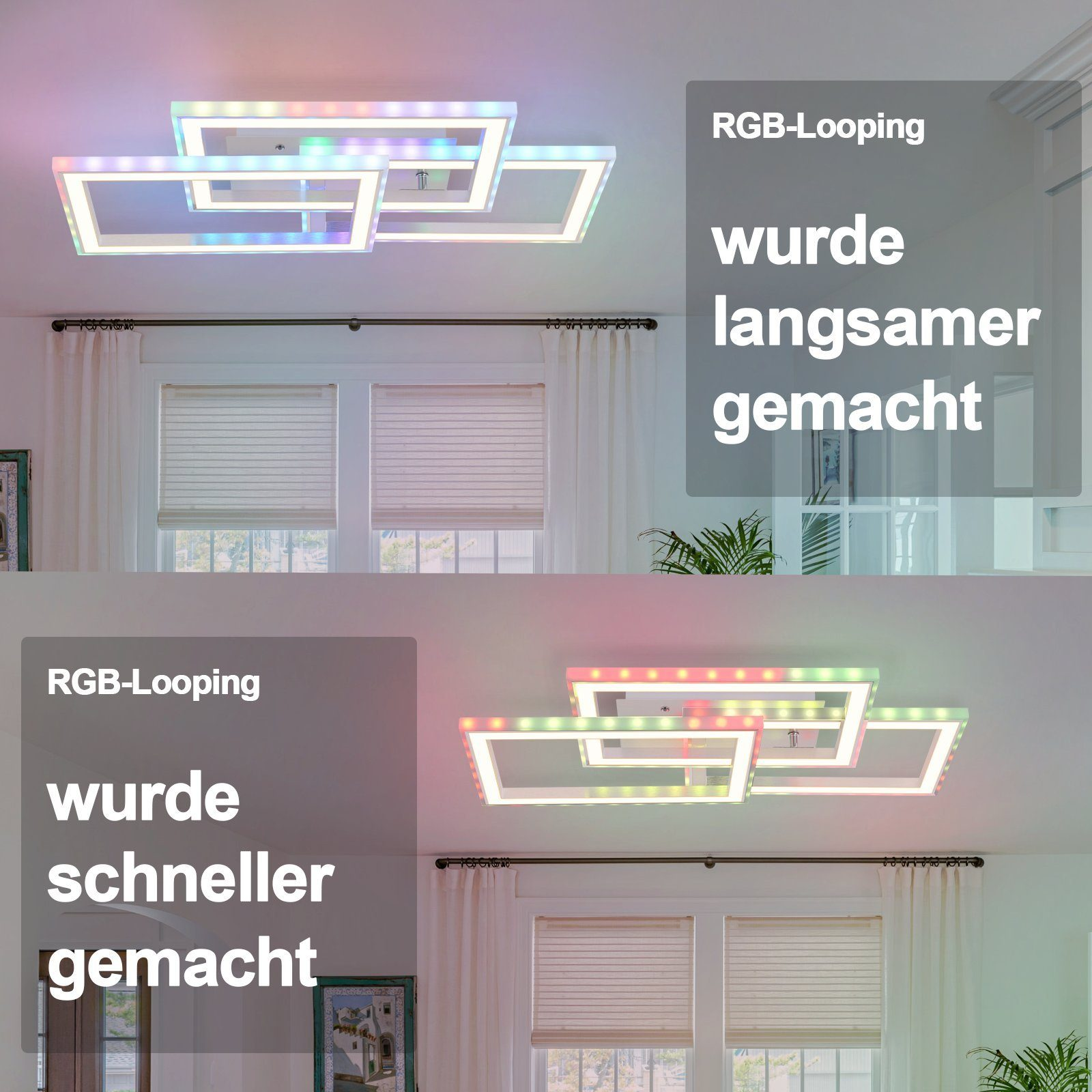 Luci a soffitto con loop RGB. Dimostra cambiamenti di colore lenti e veloci.
