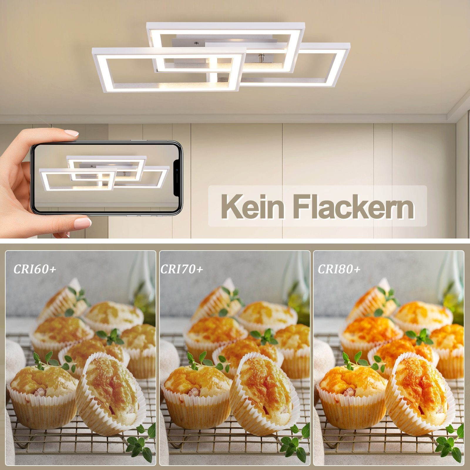 Luci a soffitto, telefono che mostra le luci e muffin. Testo: Nessuno sfarfallio, CRI60+, CRI70+, CRI80+.