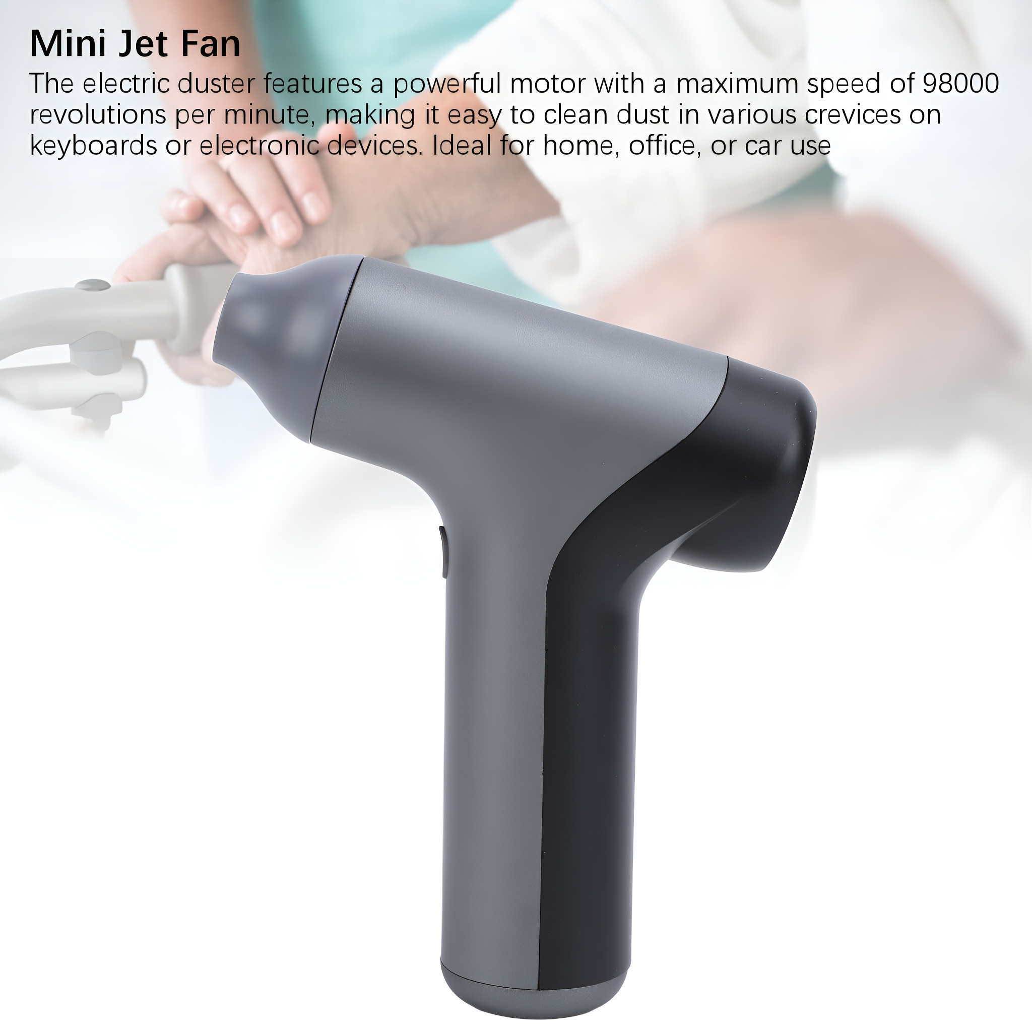 Ein grauer, tragbarer Mini-Jet-Ventilator. Der Text beschreibt seine Eigenschaften.