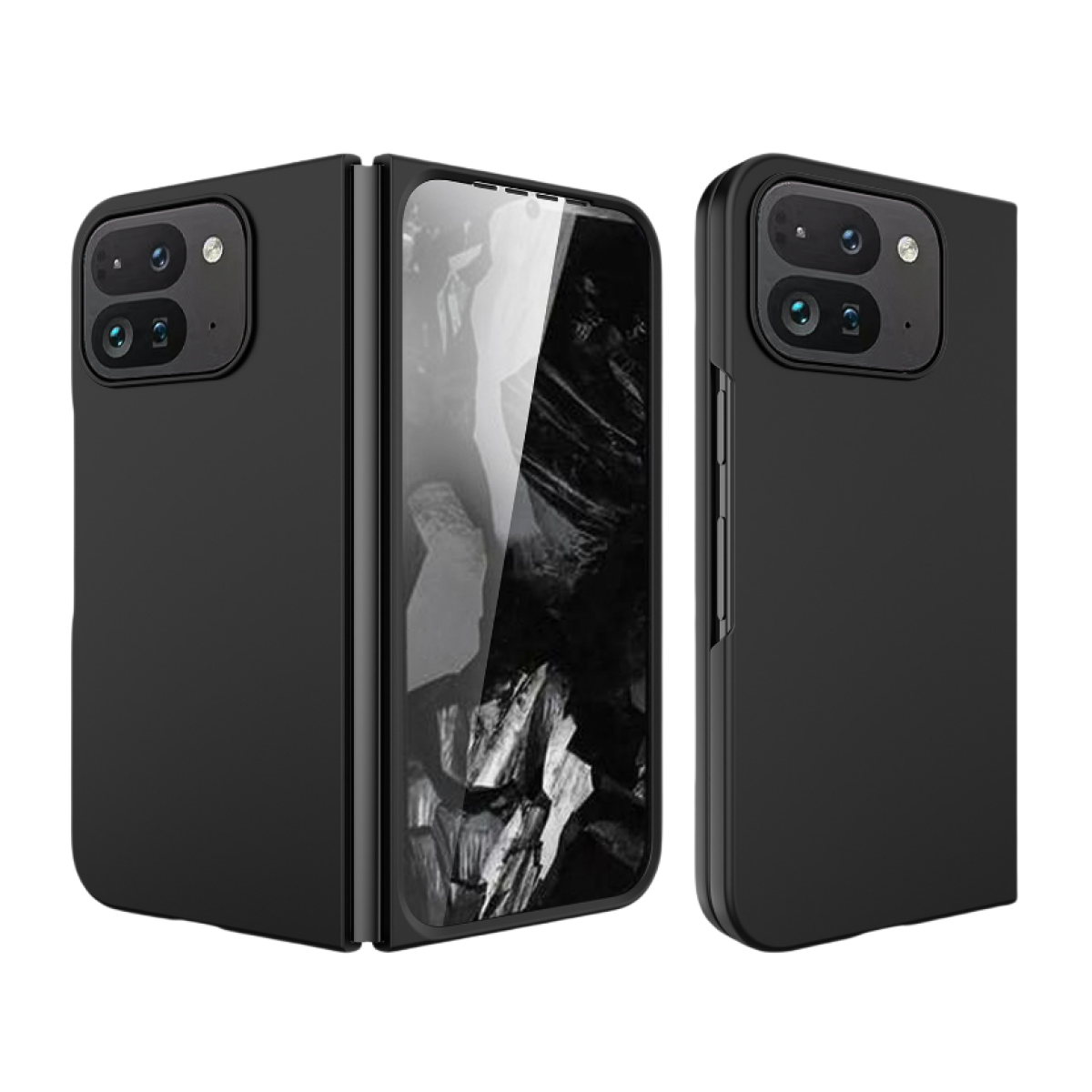 Eine schwarze Handyhülle mit einem Telefon darin. Es scheint ein Klapphandy zu sein.