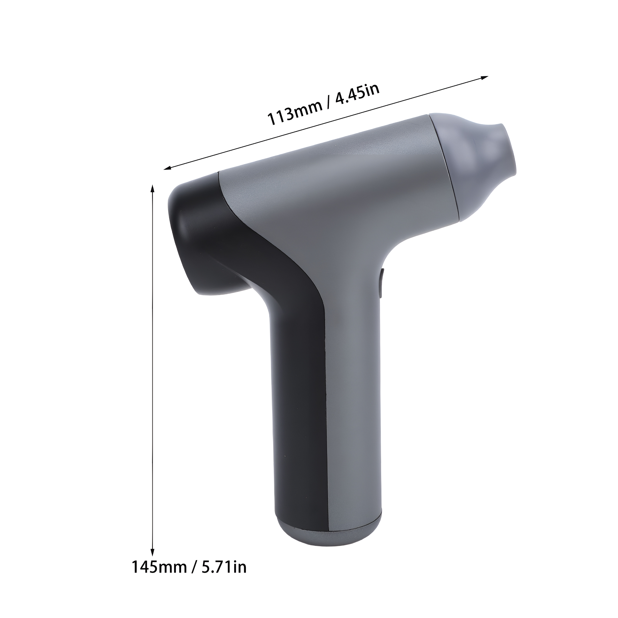 Graue und schwarze Handmassagepistole mit Abmessungen in mm und Zoll.