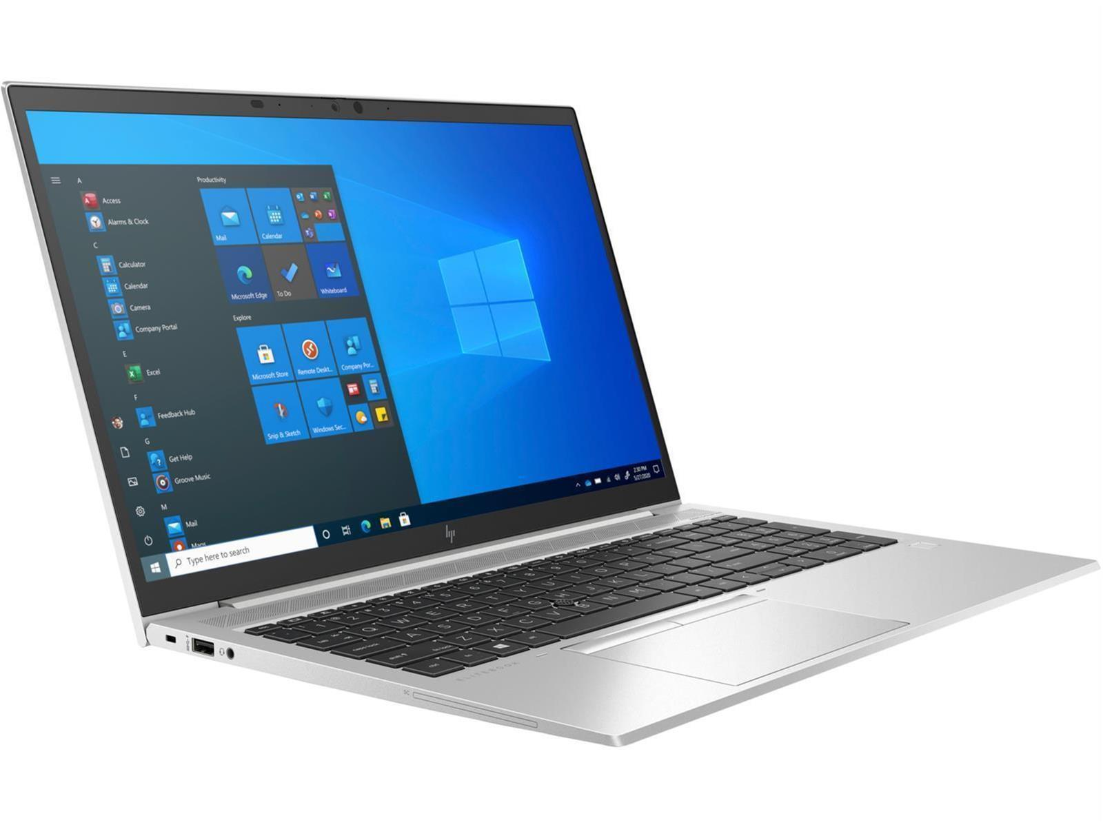 Silberner Laptop, geöffnet, mit Bildschirm, der eine Windows-Oberfläche anzeigt. Weißer Hintergrund.