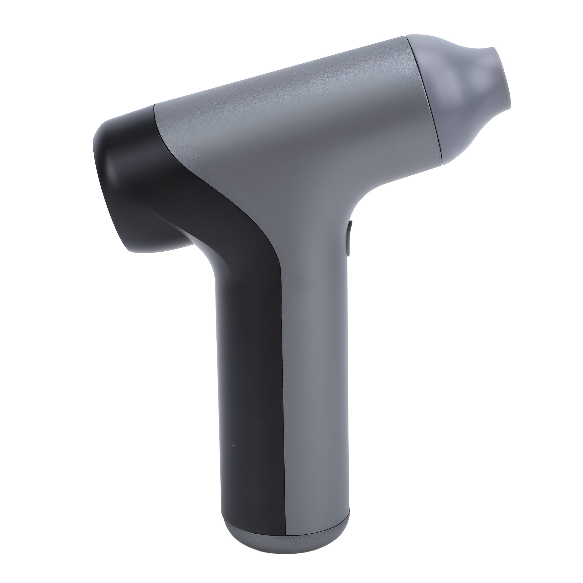 Graue und schwarze Handmassagepistole mit markantem T-Form-Design.