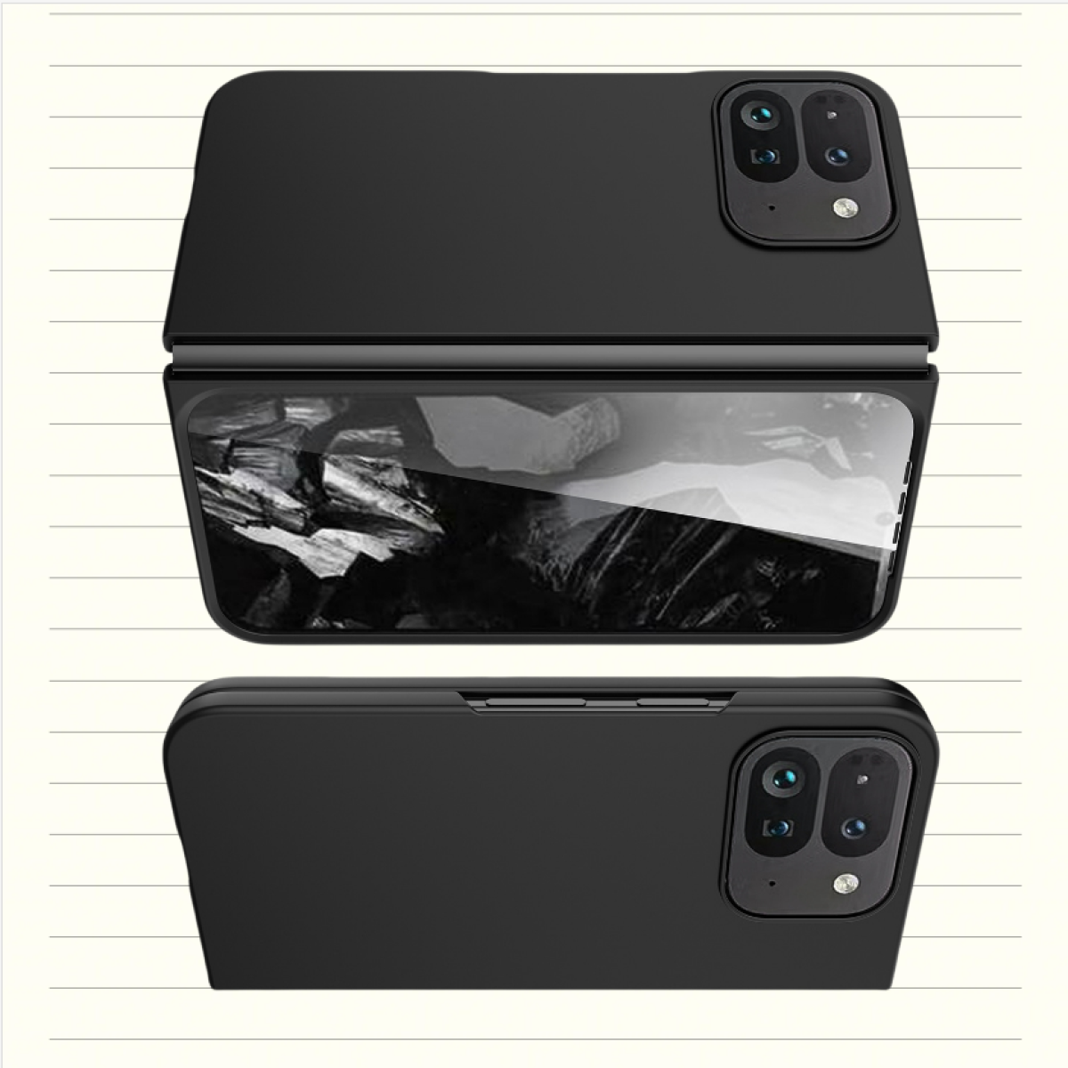Zwei schwarze Handyhüllen, eine geschlossen, eine offen, mit Telefon darin.