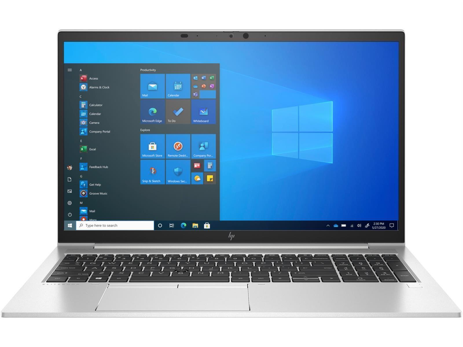 Ein Laptop mit blauem Bildschirm, der das Windows-Startmenü und Symbole anzeigt.
