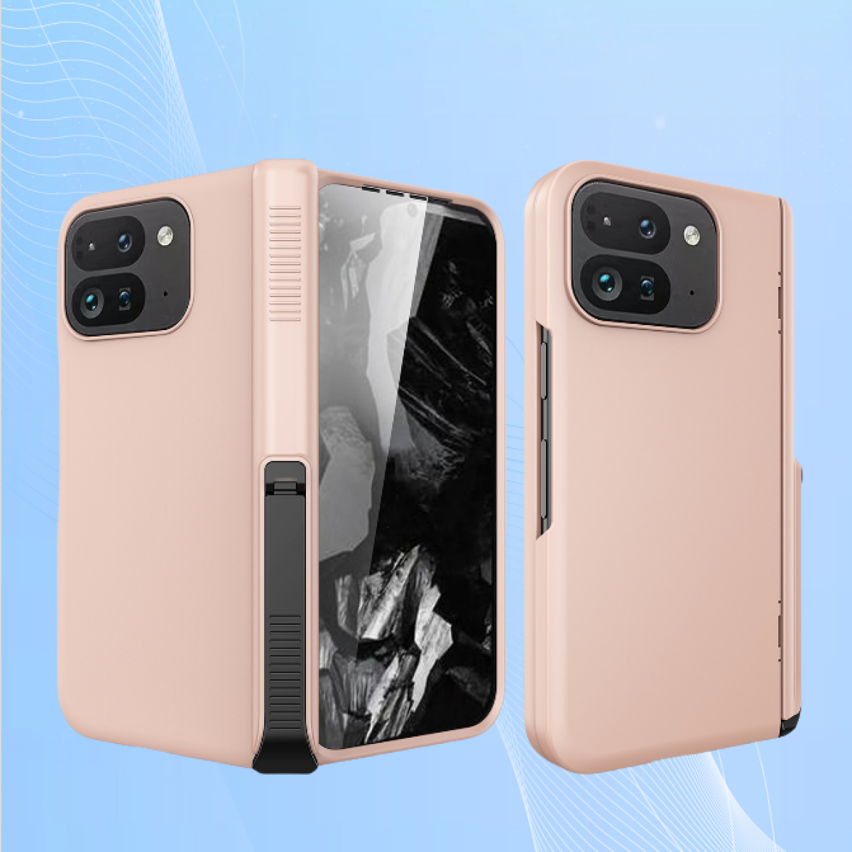 Faltbare Handyhülle, zeigt zwei Perspektiven. Die Hülle ist rosa und bedeckt das Telefon vollständig.