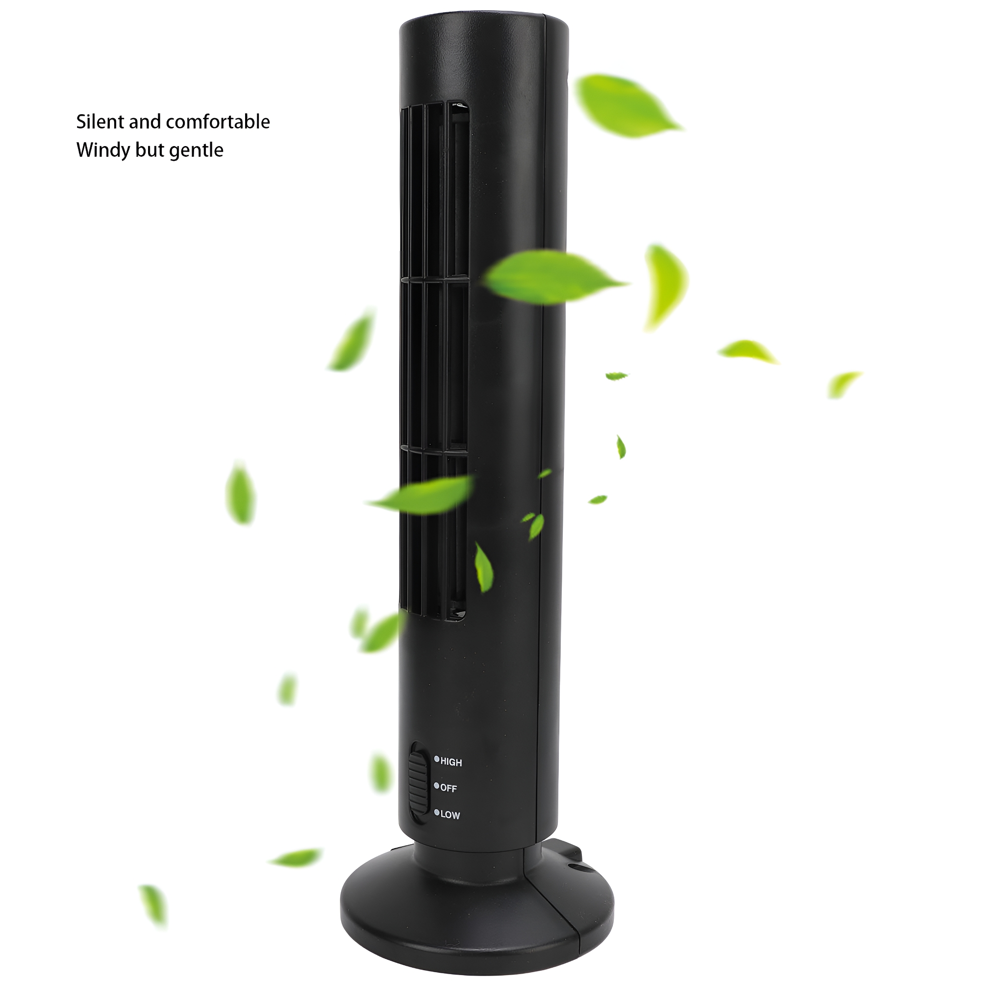 Schwarzer Ventilator mit hohen, aus- und niedrigen Einstellungen, grüne Blätter, auf weißem Hintergrund.