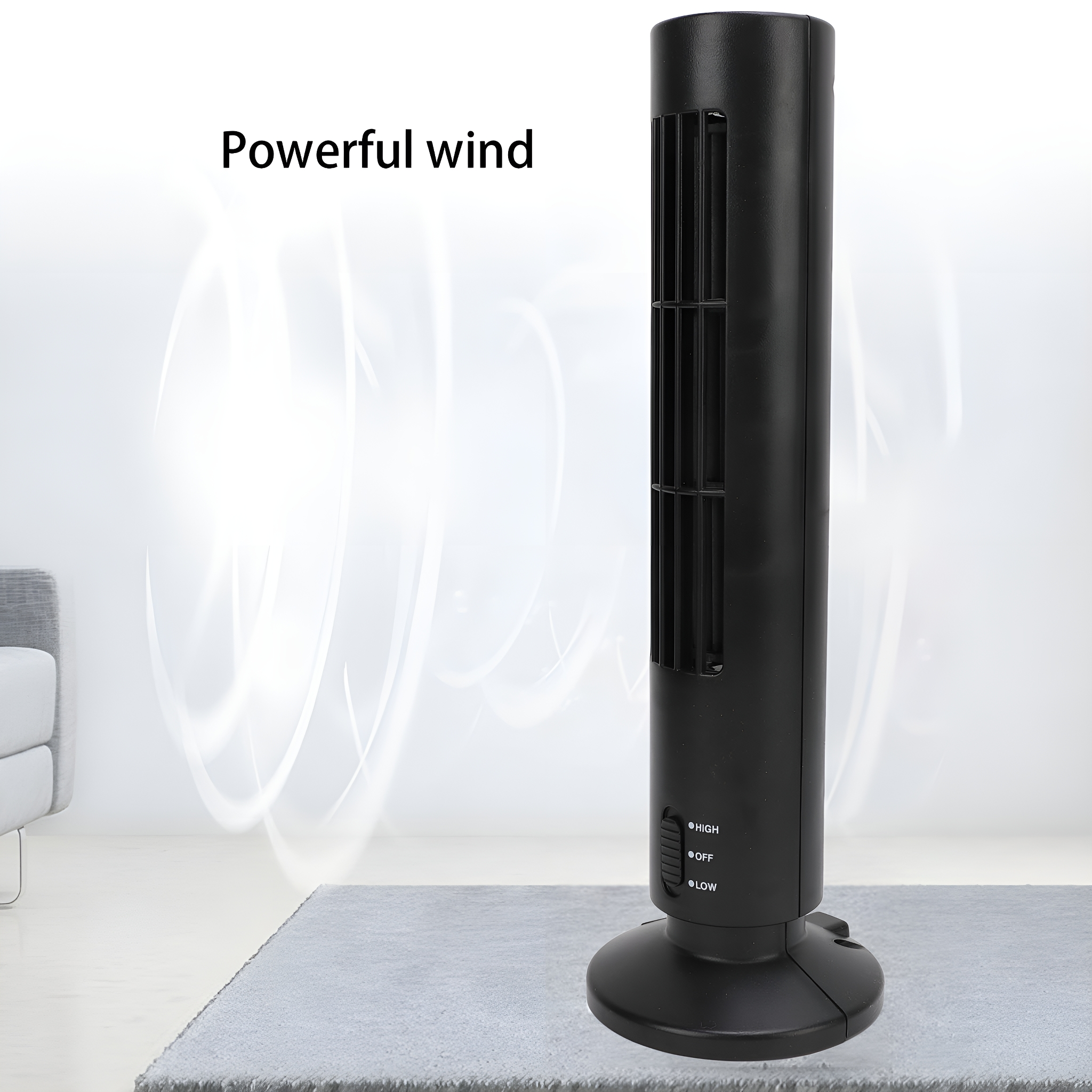 Schwarzer Turmventilator auf einem Teppich.