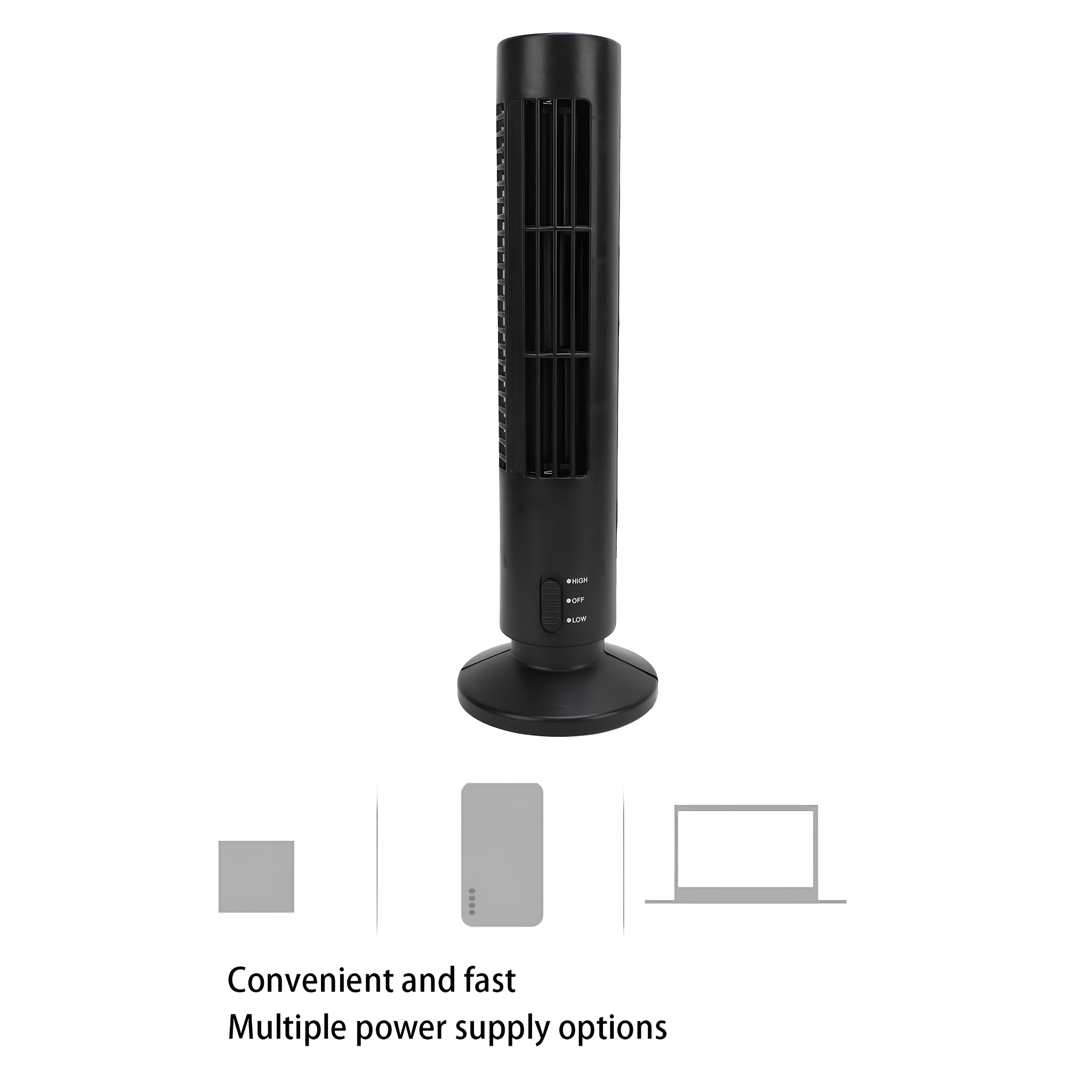 Schwarzer Turmventilator mit Knöpfen und Symbolen.