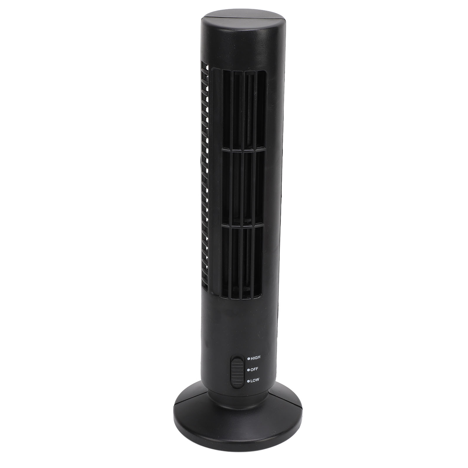 Schwarzer Turmventilator mit Bedienelementen. Mit rundem Sockel und Lamellen.