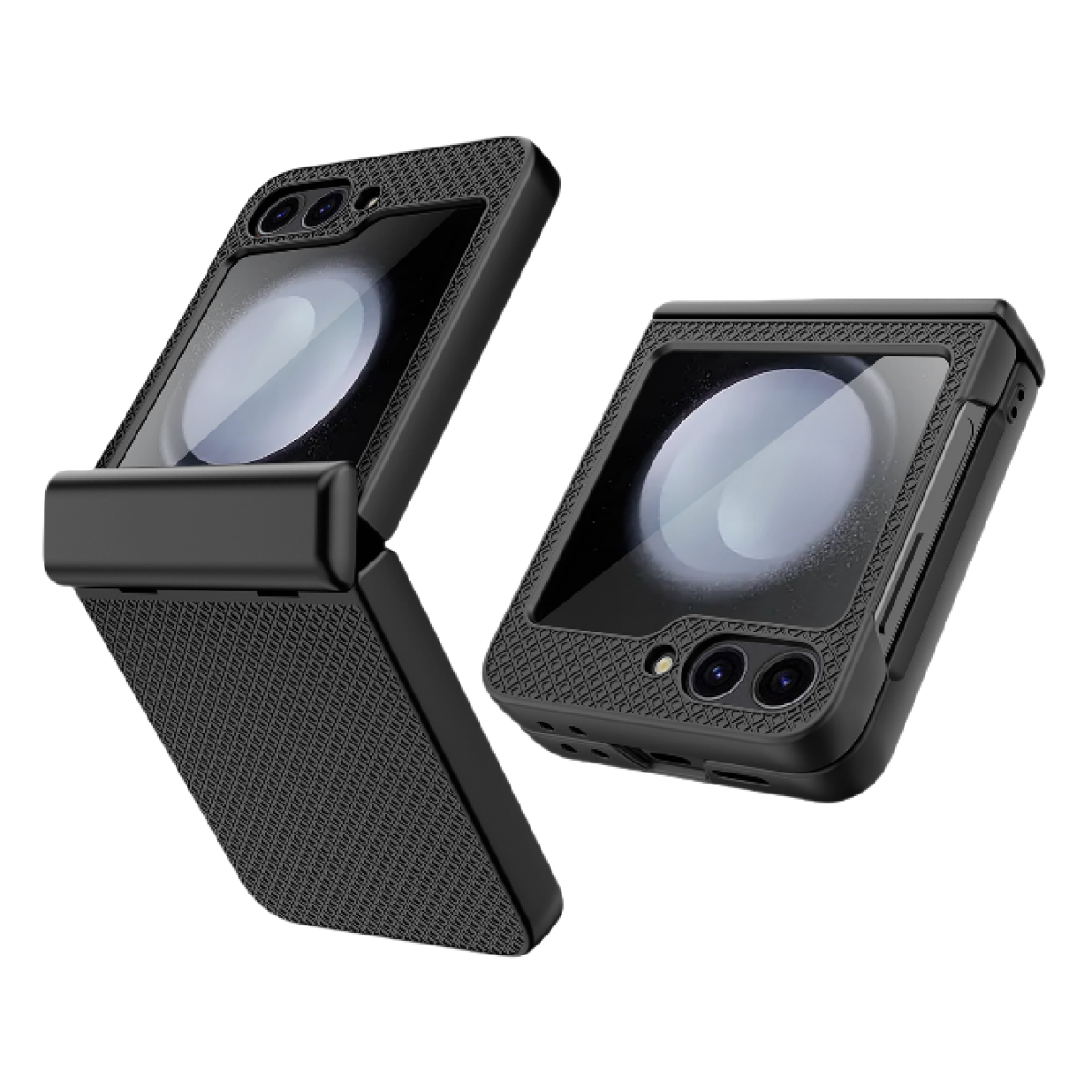 Telefono Samsung Galaxy Z Flip nero, aperto e chiuso, che mostra fotocamere e schermi interni.