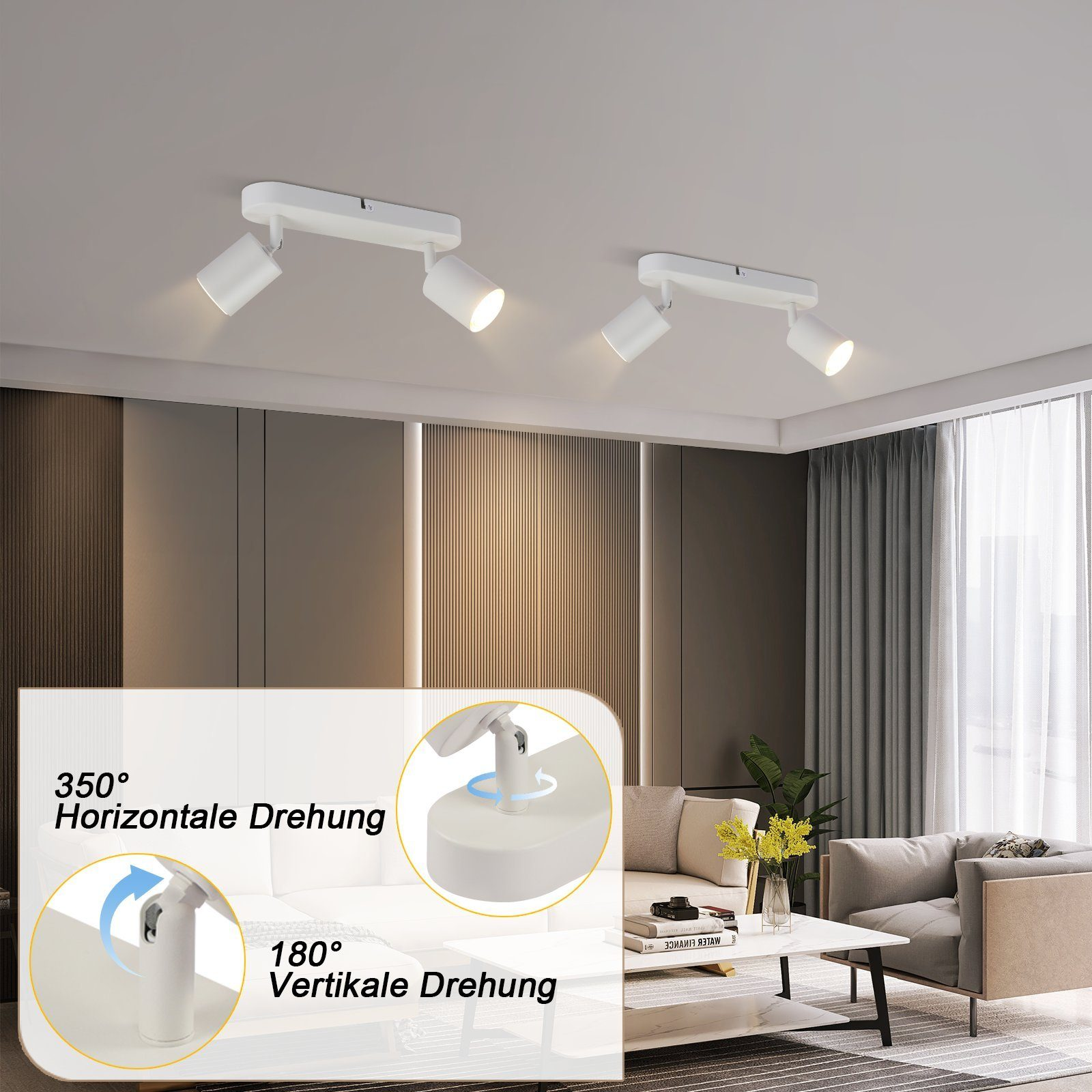 Faretti da soffitto bianchi con due serie di luci. I diagrammi mostrano la rotazione orizzontale e verticale.