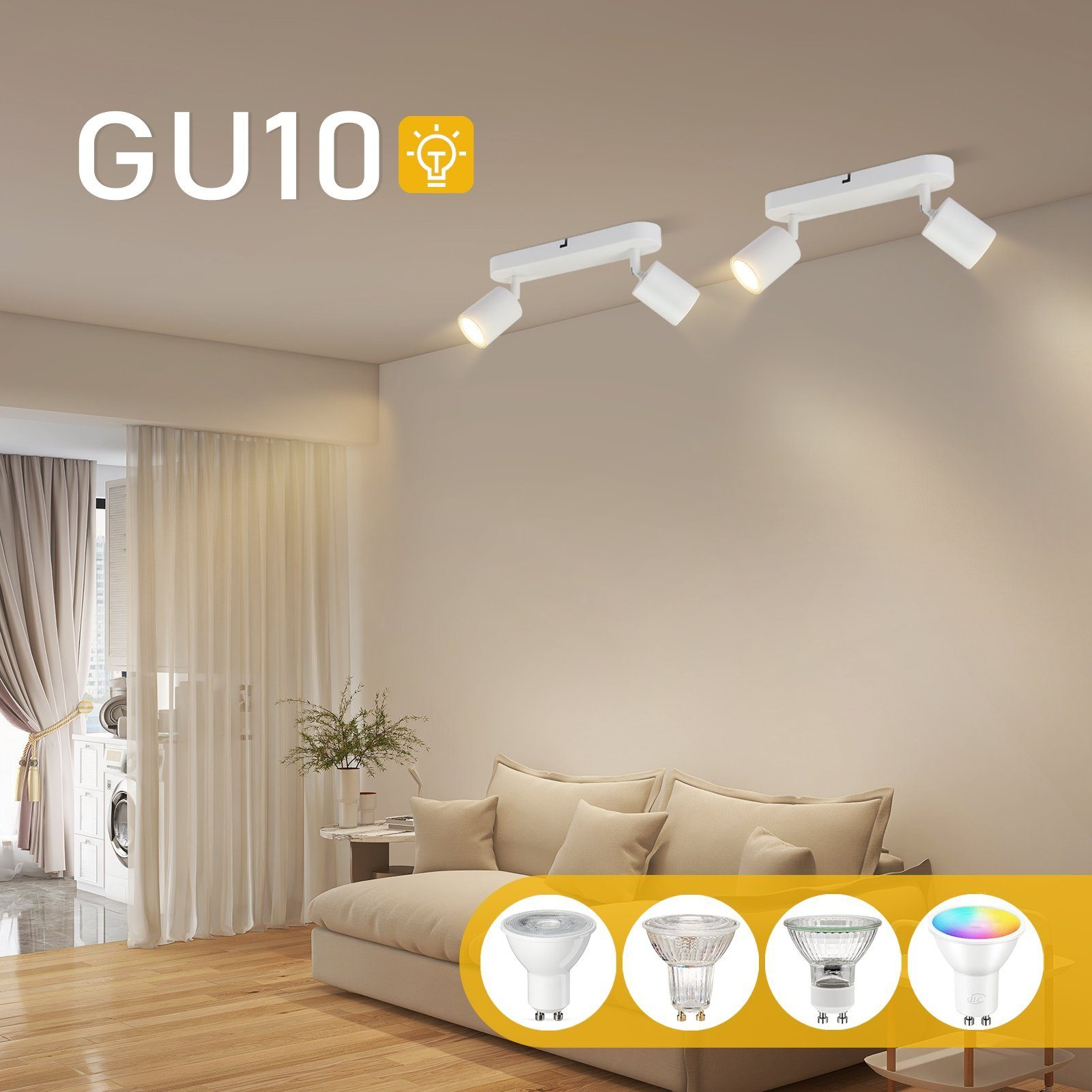 Faretti GU10 su un soffitto, con diversi tipi di lampadine visualizzati in basso, interior design.
