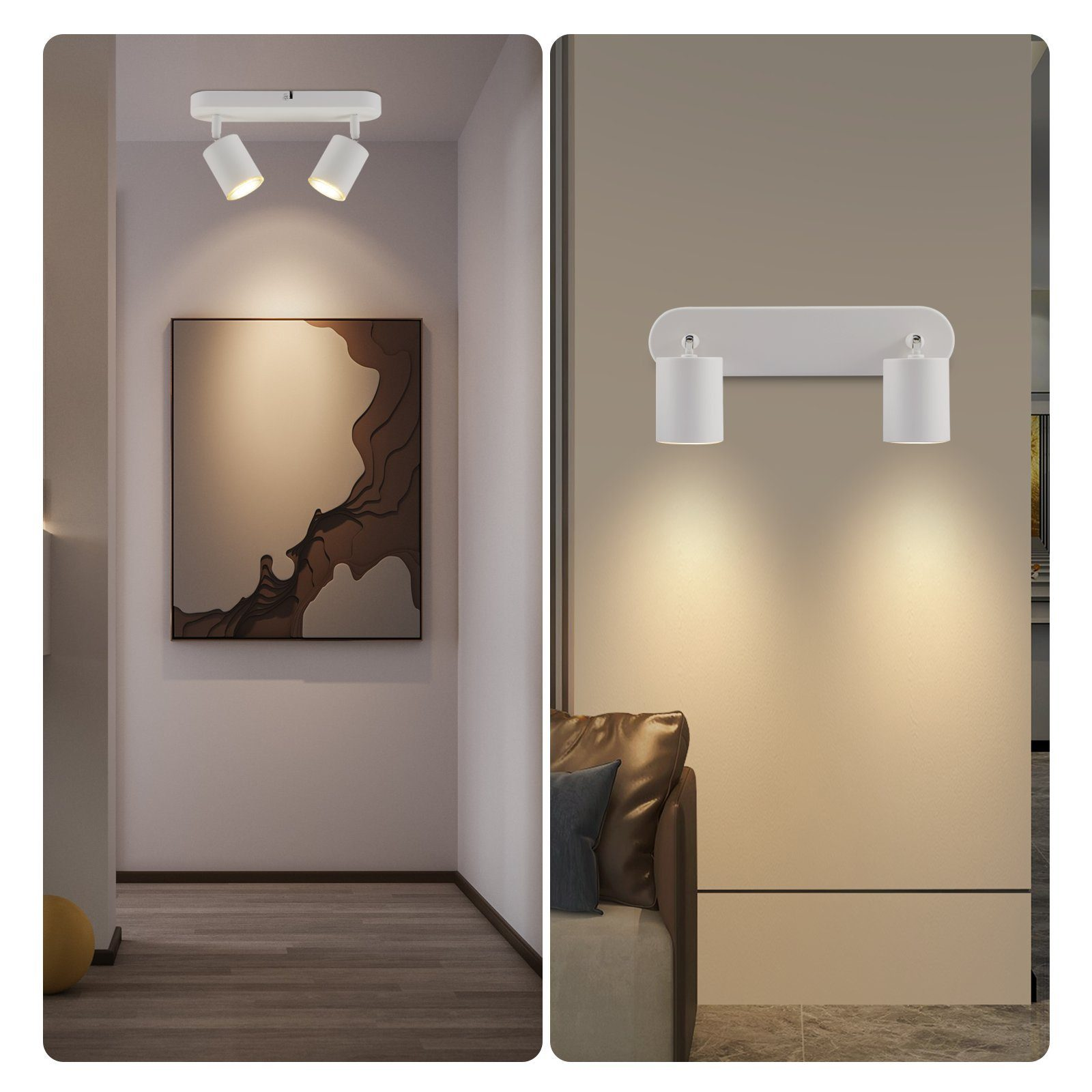 Due immagini di luci a soffitto. Una mostra un corridoio con un dipinto. L'altra un muro con un divano.