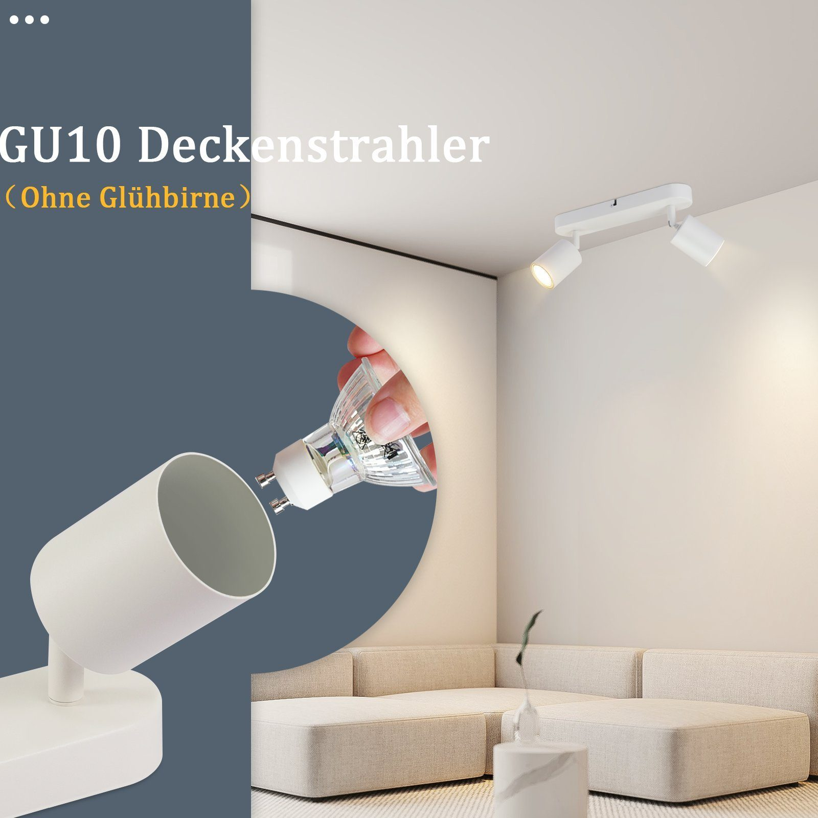 Faretti bianchi da soffitto; due luci e una lampadina tenuta in mano.
