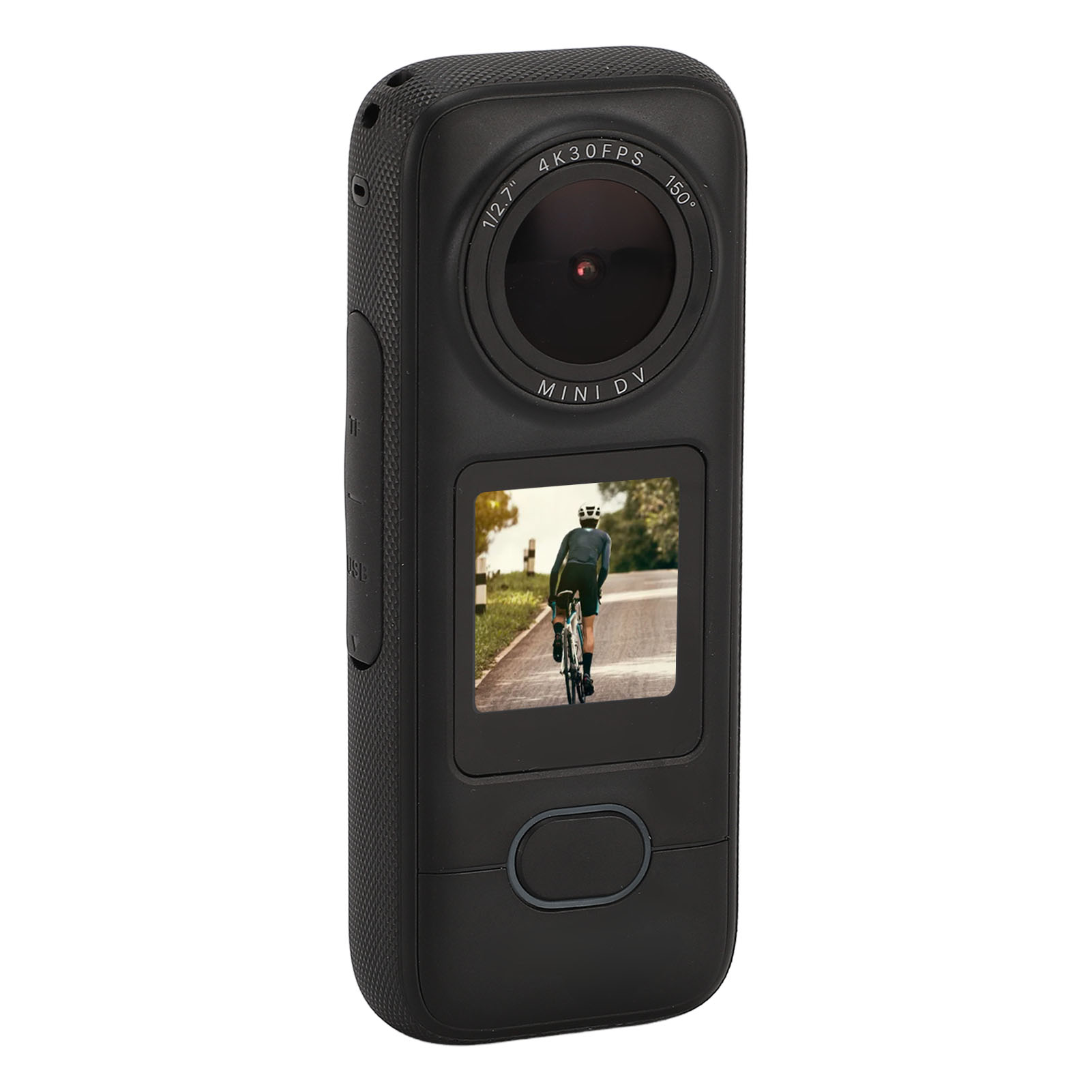 Schwarze Mini-DV-Kamera. LCD-Bildschirm zeigt Radfahrer. Schwarzer Hintergrund.