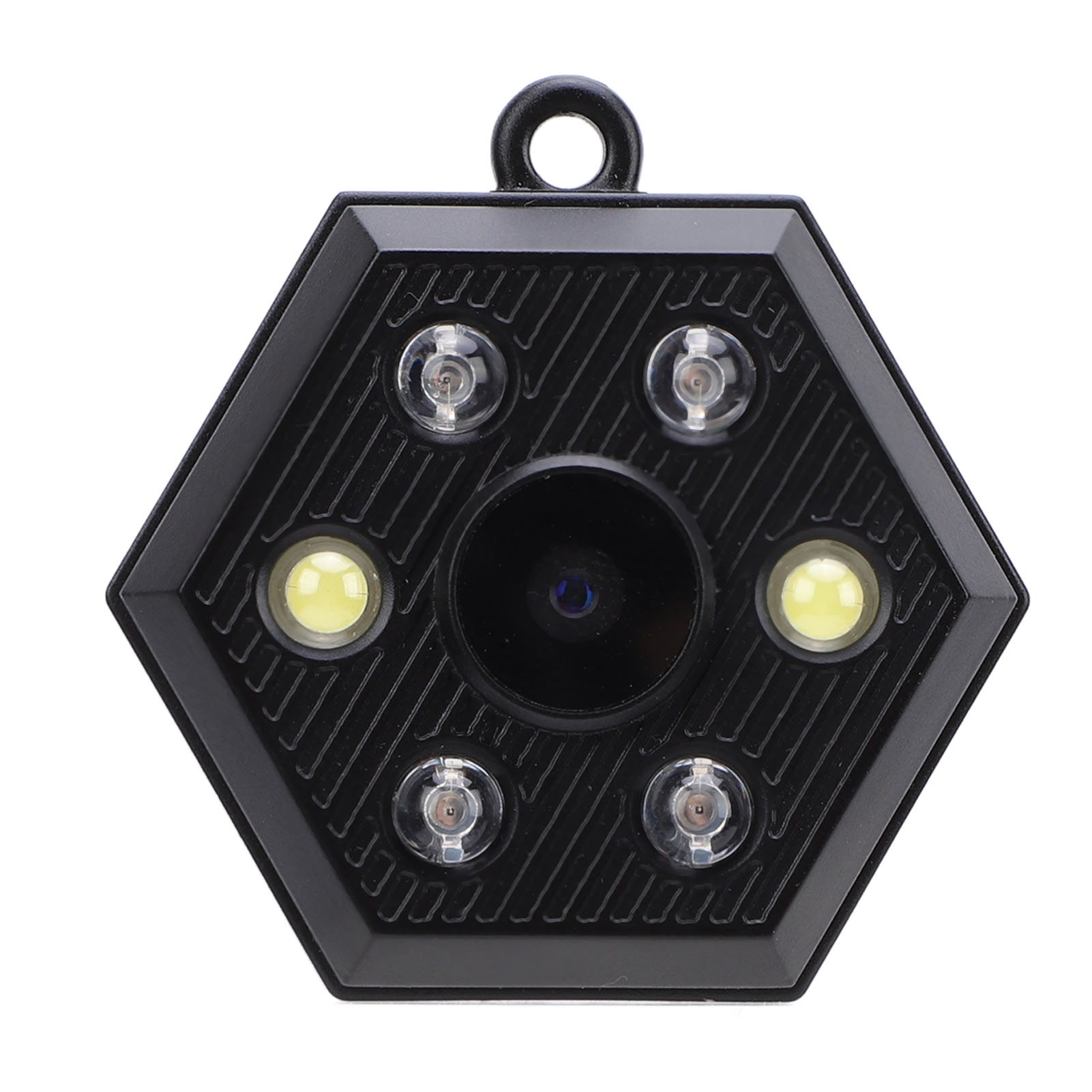 Schwarze sechseckige Kamera mit LED-Leuchten und einem Objektiv. Draufsicht.