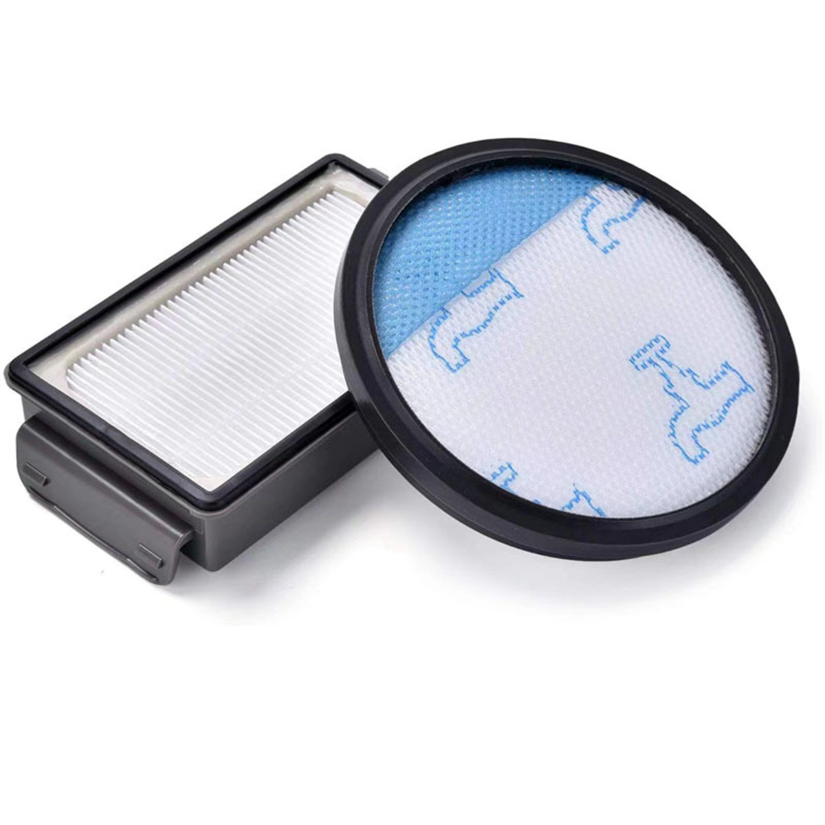 Ein Filter für einen Staubsauger mit rechteckigem Rahmen und rundem Filter. Der Filter ist weiß und blau.