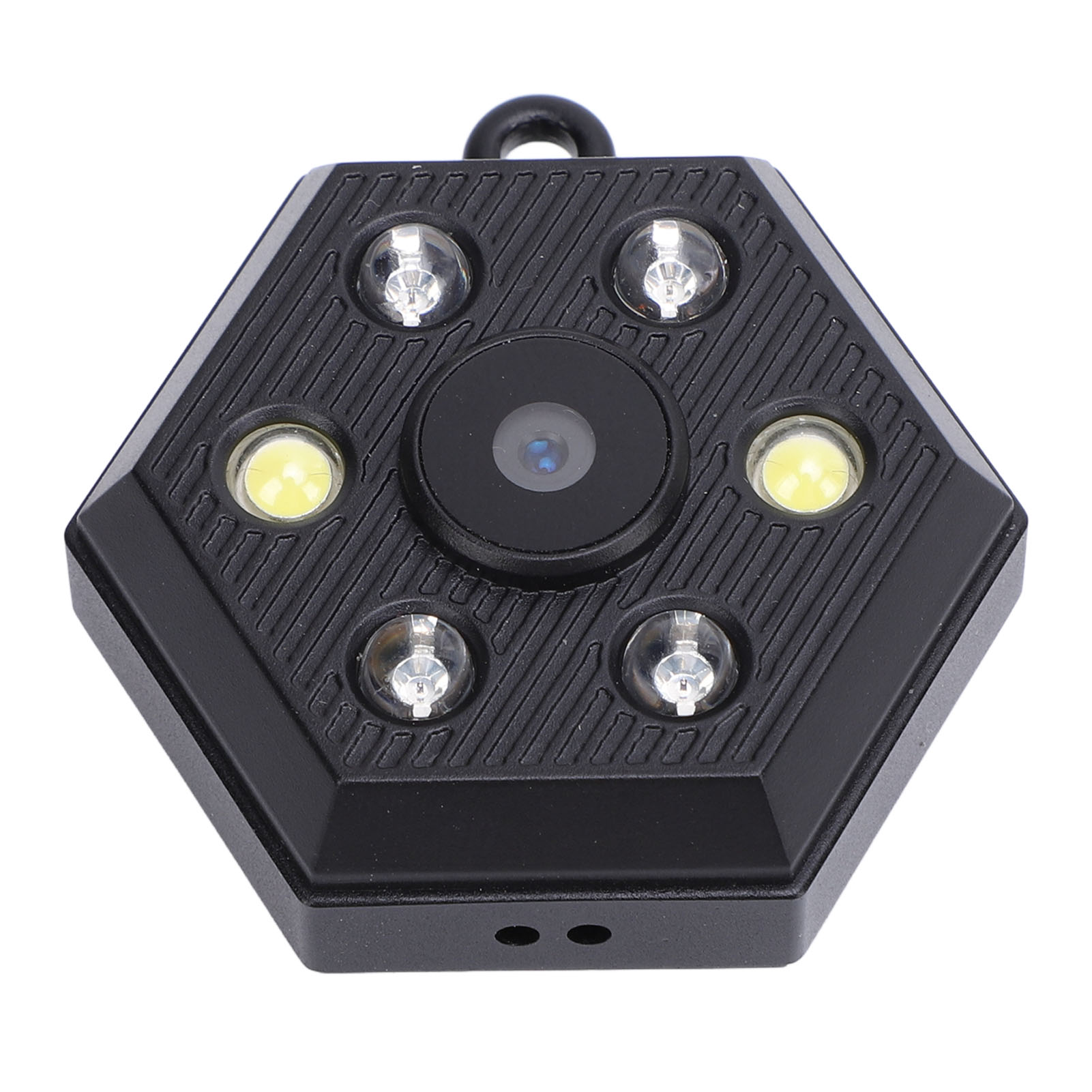Schwarze sechseckige Überwachungskamera mit LED-Leuchten.