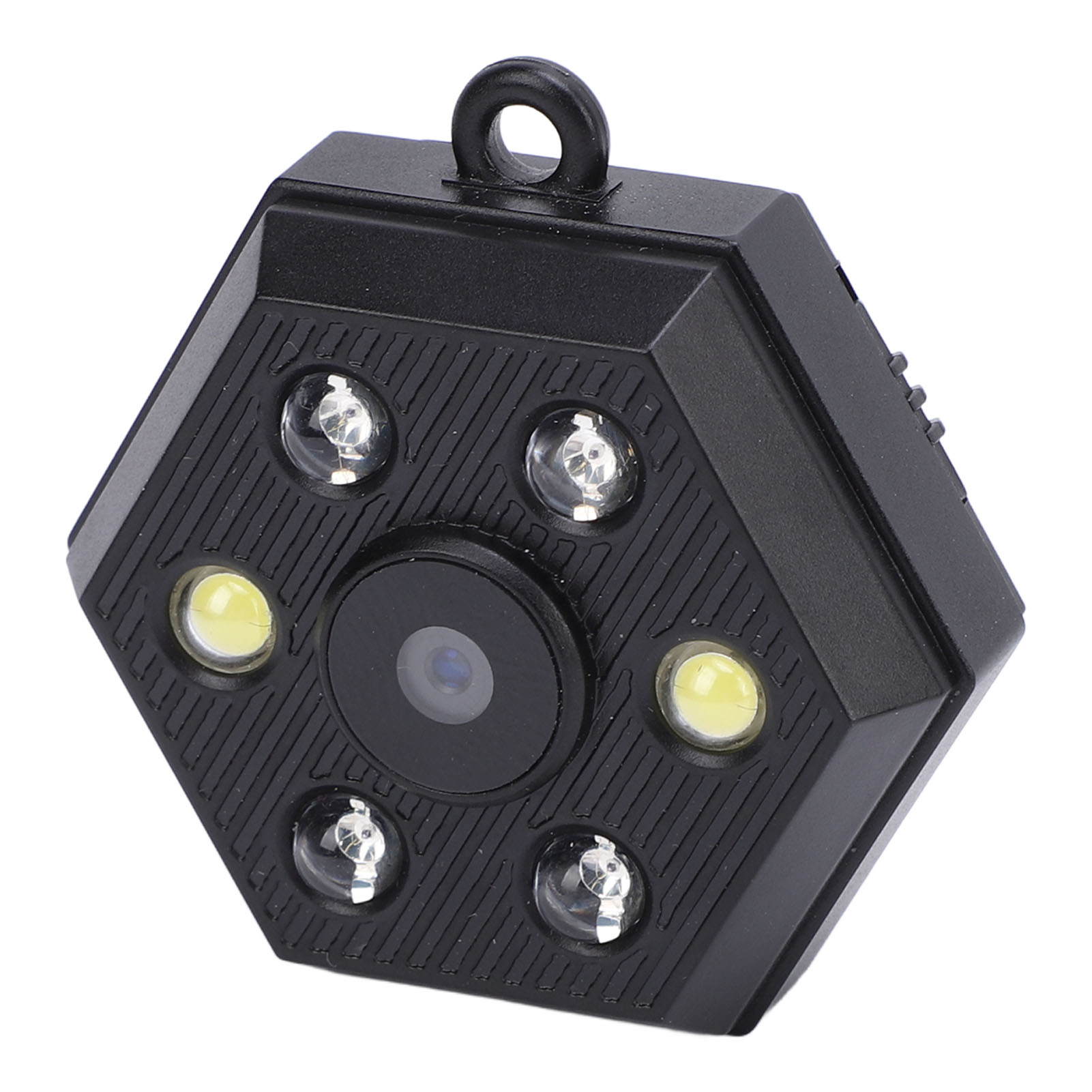 Eine schwarze sechseckige Kamera mit Linse und mehreren Lichtern.