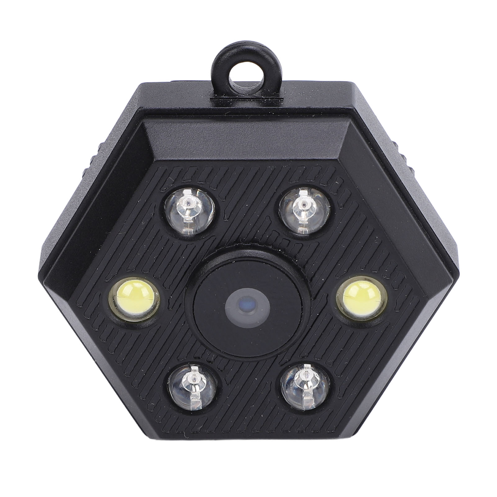 Schwarze sechseckige Kamera mit fünf Lichtern. Linse in der Mitte. Schwarzer Hintergrund, Draufsicht.