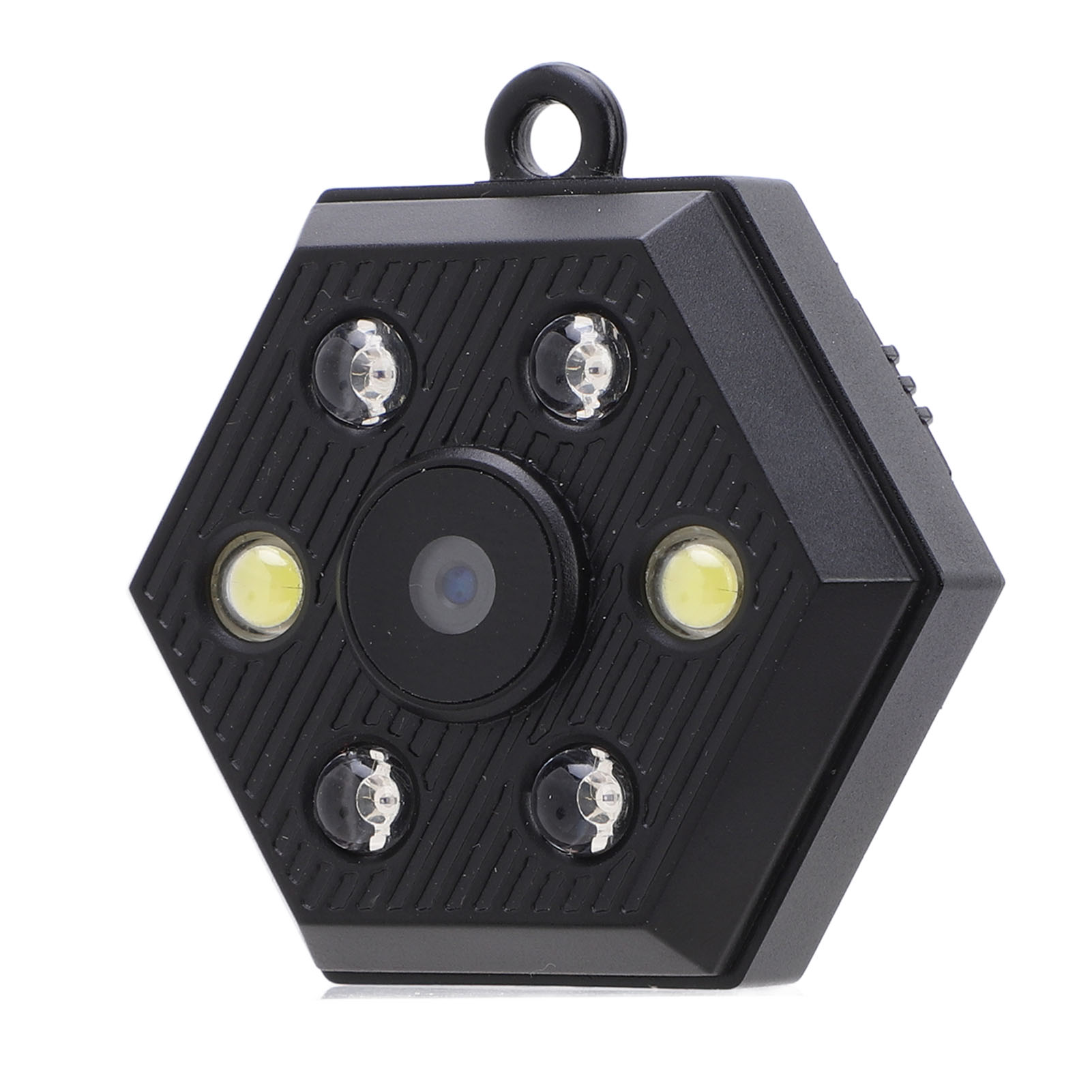 Schwarze sechseckige Kamera mit Lichtern und einer Linse. Es gibt vier kleine Lichter und ein größeres Licht.