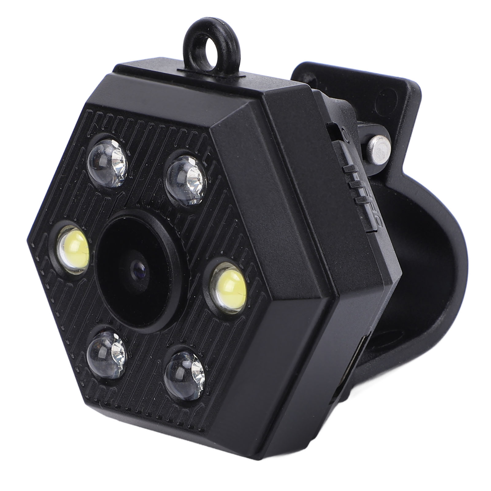 Schwarze sechseckige Kamera mit Clip. Es hat eine Linse und mehrere Lichter. Weißer Hintergrund.
