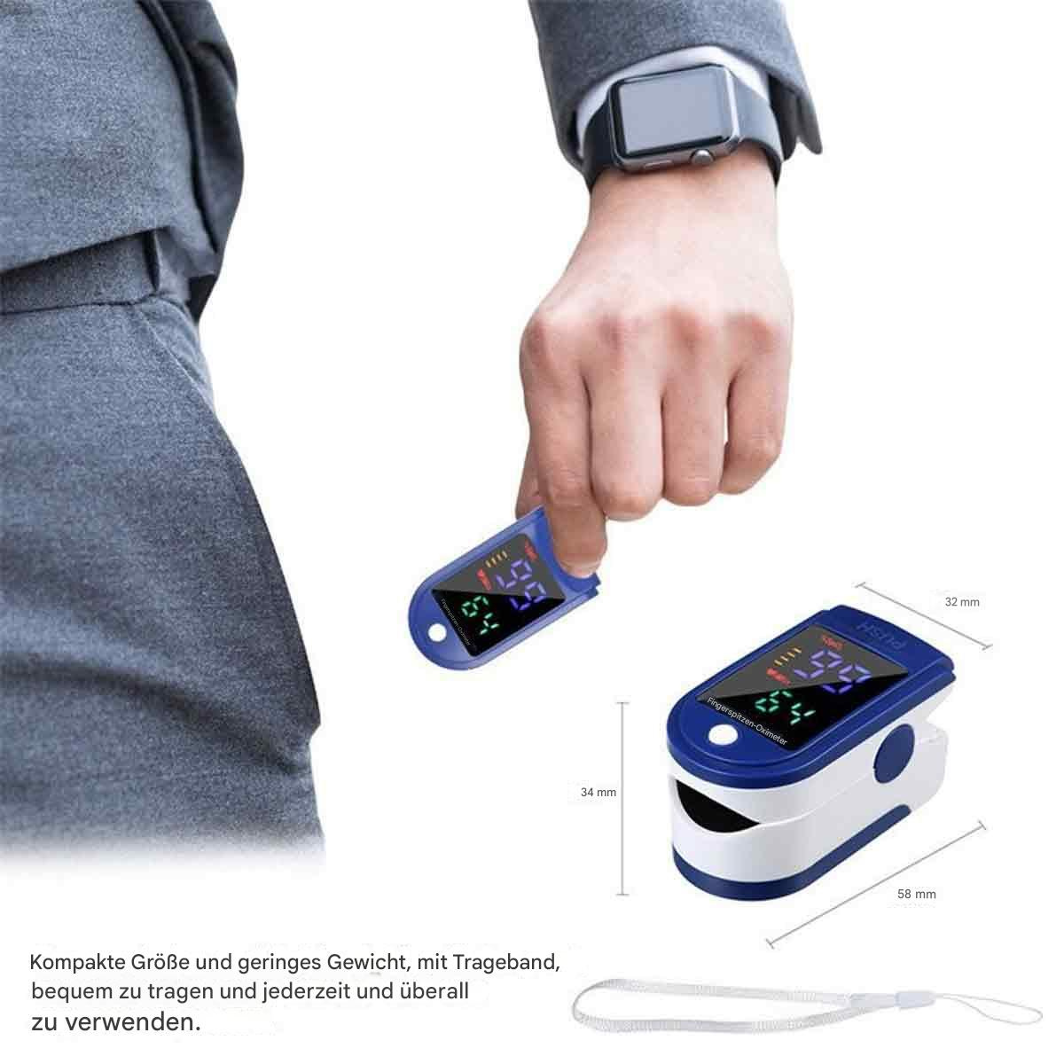Eine Person, die ein Pulsoximeter am Finger verwendet. Ein weiteres Gerät ist daneben zu sehen.