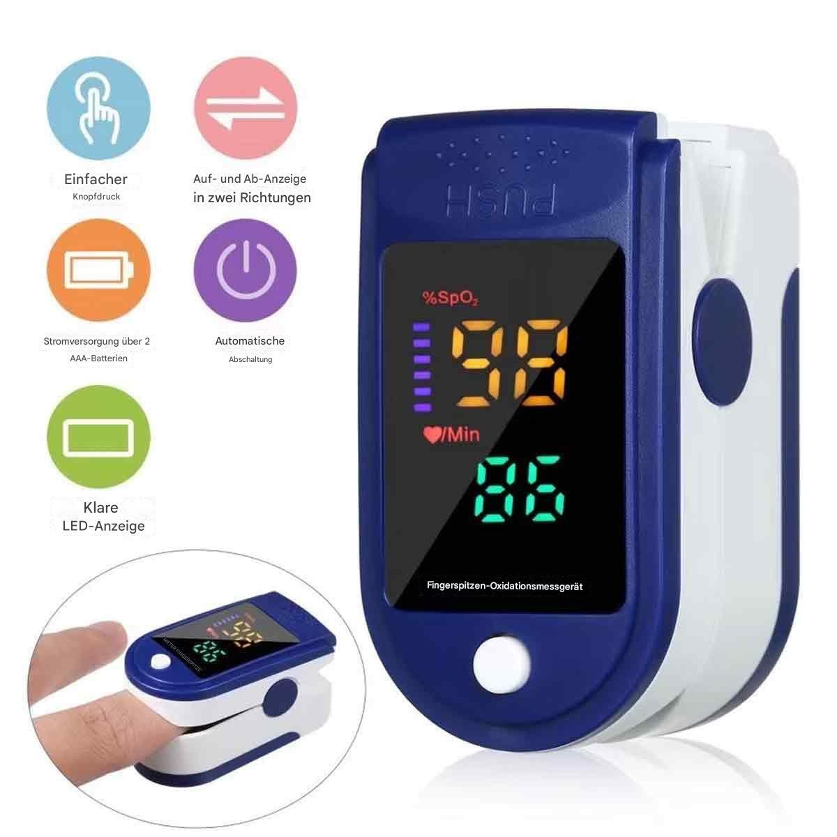 Ein Pulsoximeter mit 98% SpO2 und 86 bpm sowie verschiedenen Schaltflächensymbolen.