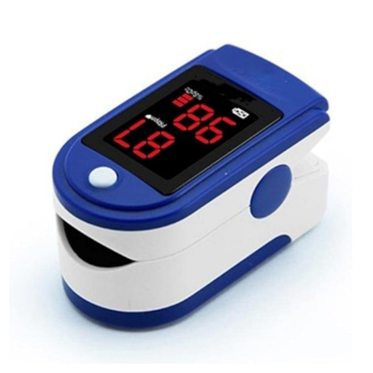 Ein weiß-blaues Pulsoximeter mit Display, das die Sauerstoffsättigung und die Pulsfrequenz anzeigt.