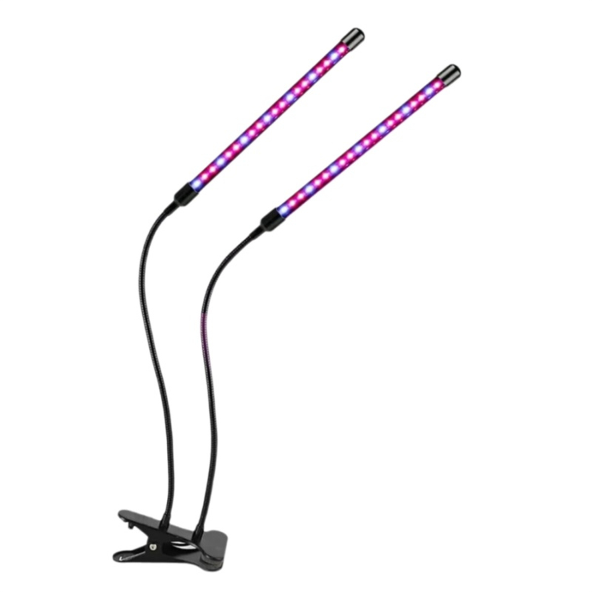 Zwei flexible LED-Wachstumslampen mit verstellbaren Armen und einem Clip-Sockel. Der Hintergrund ist weiß.