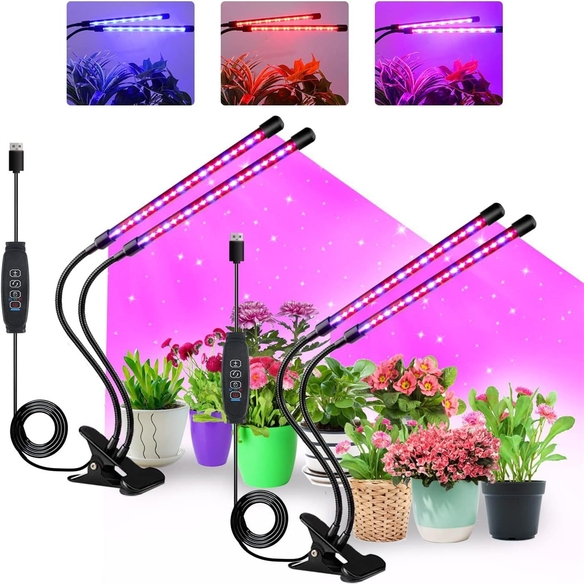 LED-Pflanzenleuchten mit flexiblen Hälsen, die Topfpflanzen unterstützen. Ein USB-Kabel ist vorhanden. Verschiedene Pflanzen sind abgebildet.