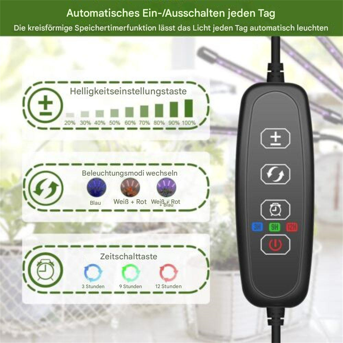 Bedienfeld mit Tasten für eine Pflanzenwachstumslampe, mit Timing- und Lichtmodi-Optionen.