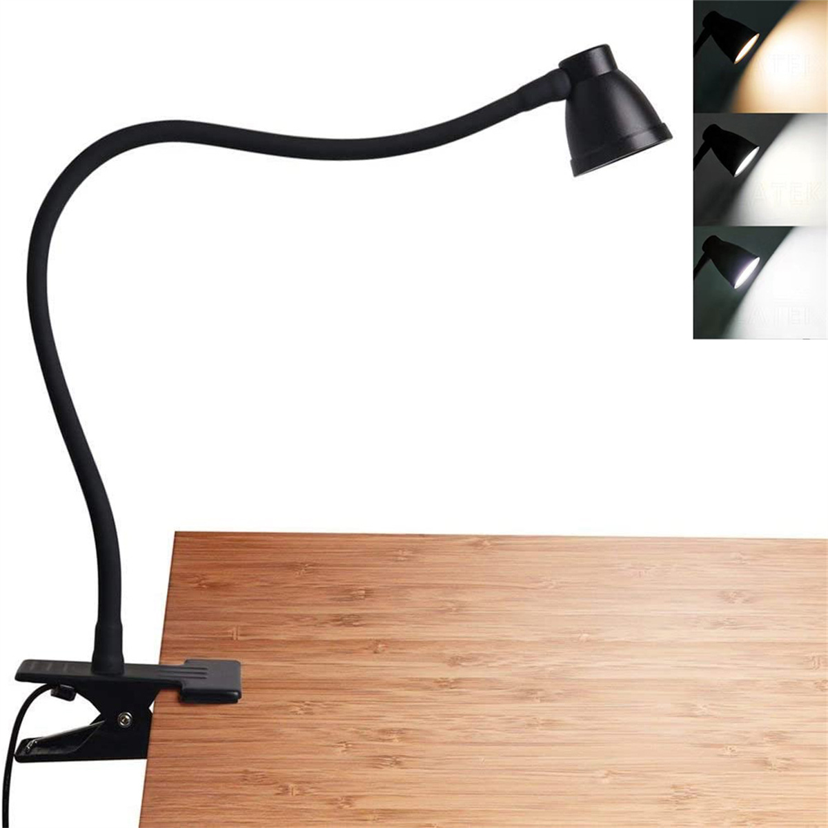 Schwarze Schreibtischlampe mit flexiblem Hals, an Holzoberfläche befestigt, weißer Hintergrund.