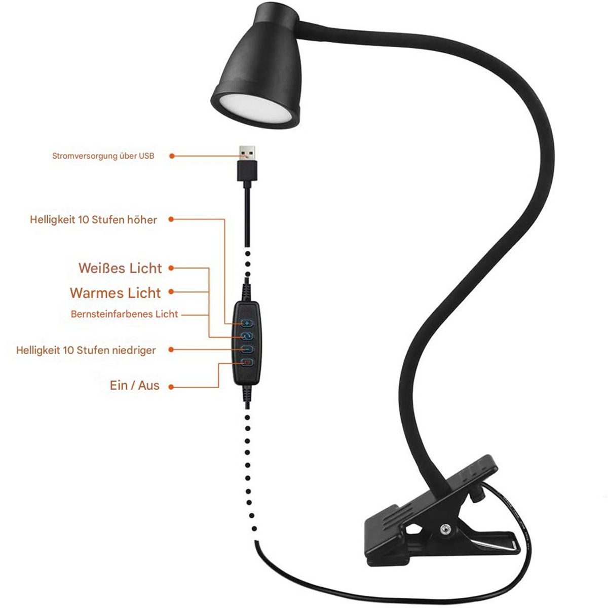 Eine schwarze, flexible Schreibtischlampe mit USB-Kabel und Helligkeitseinstellungen.