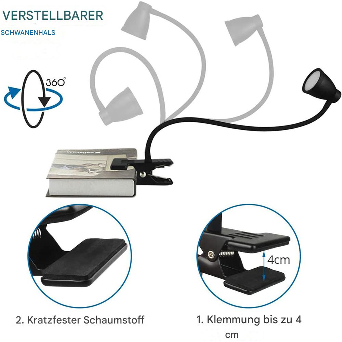 Eine schwarze LED-Leselampe zum Anklemmen mit flexiblem Hals und einem Buch.