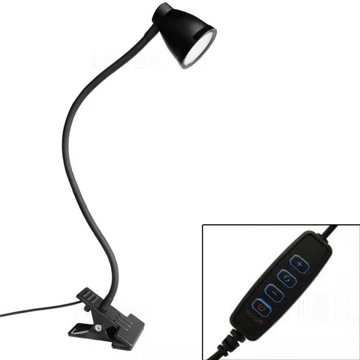 Schwarze Schreibtischlampe mit flexiblem Hals und Bedienfeld am Kabel.