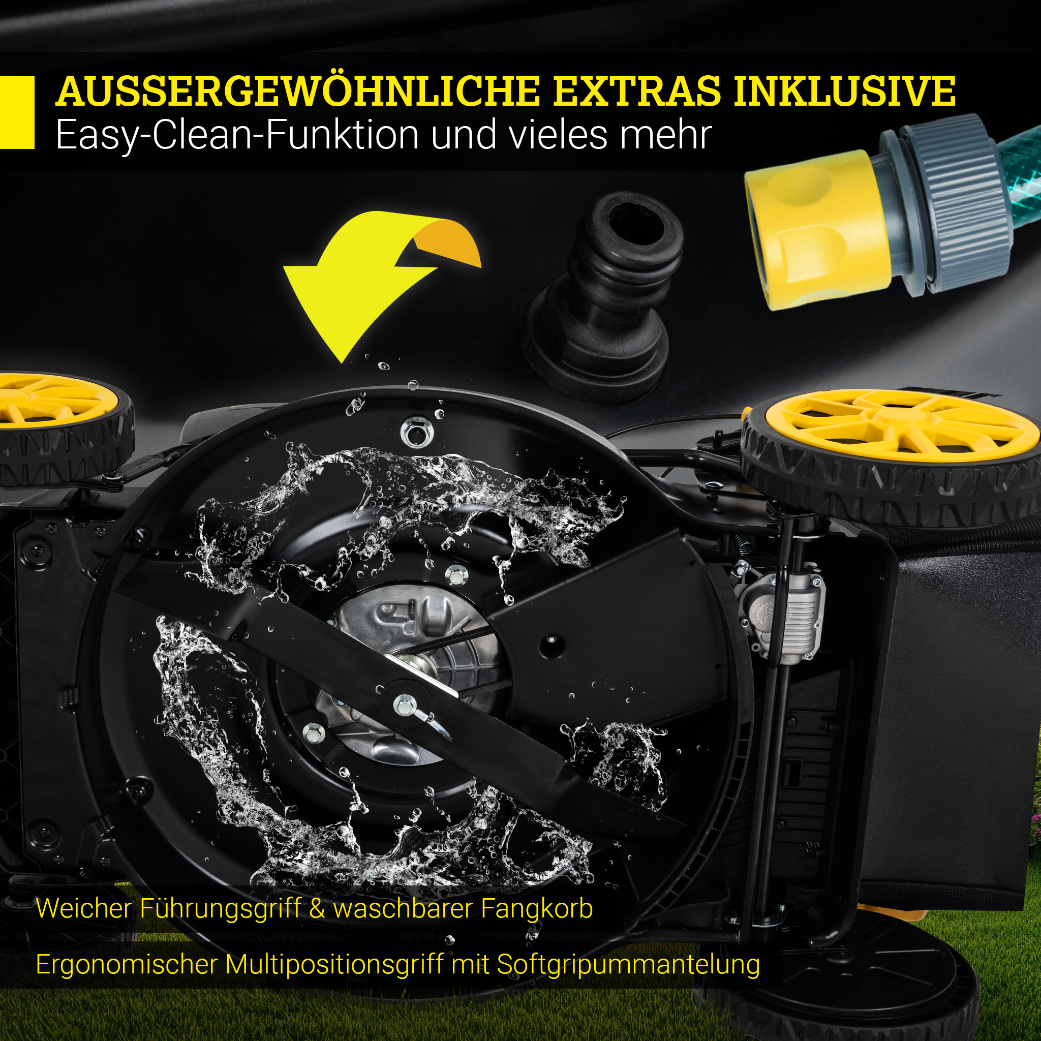 Rasenmäher-Details: Wasserspray, gelbe Räder, schwarzes Messer, Gras. Text: Extras. Schwarzer und grüner Hintergrund.