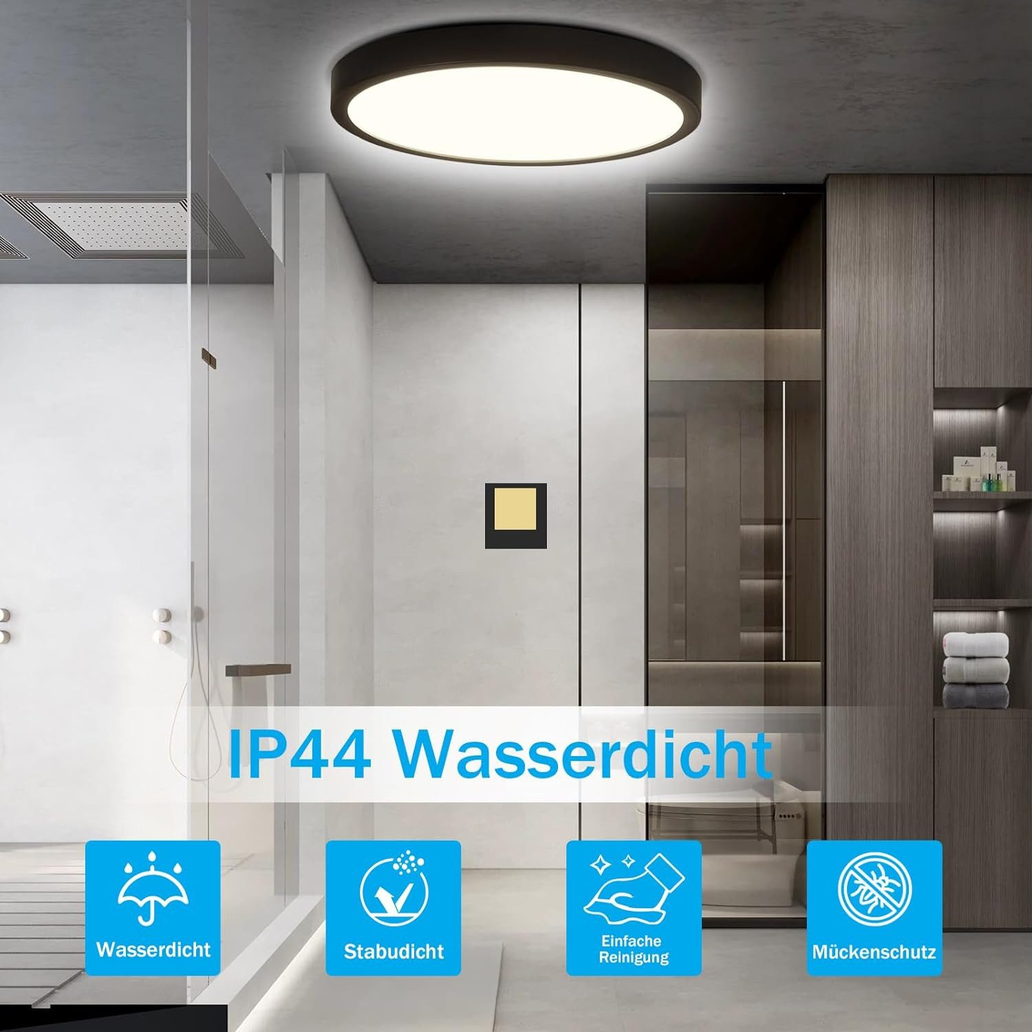 Bagno con plafoniera rotonda e testo sulle caratteristiche impermeabili. Sono incluse icone.