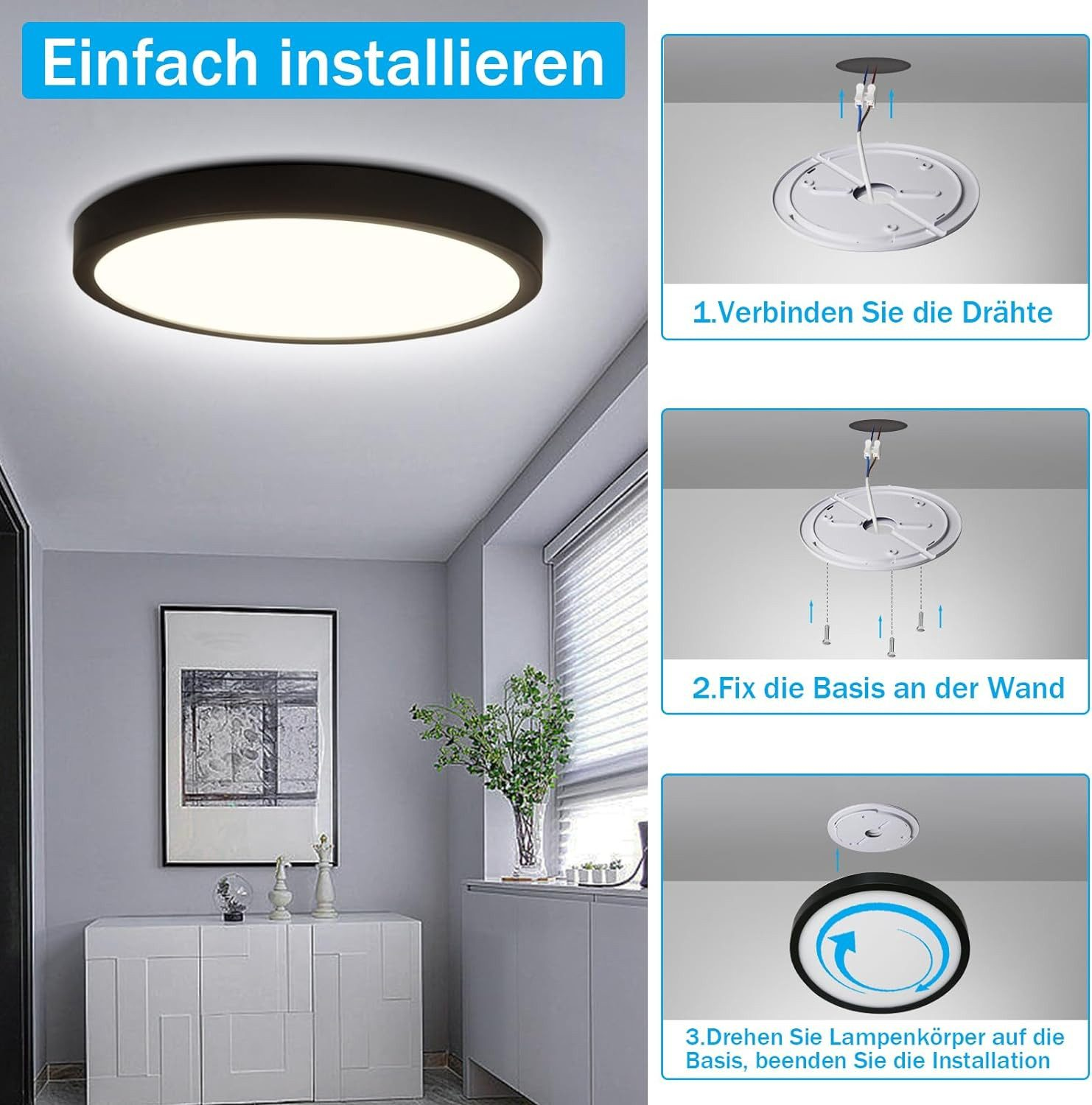 Istruzioni per l'installazione di una lampada da soffitto nera, che mostra i passaggi e i componenti.