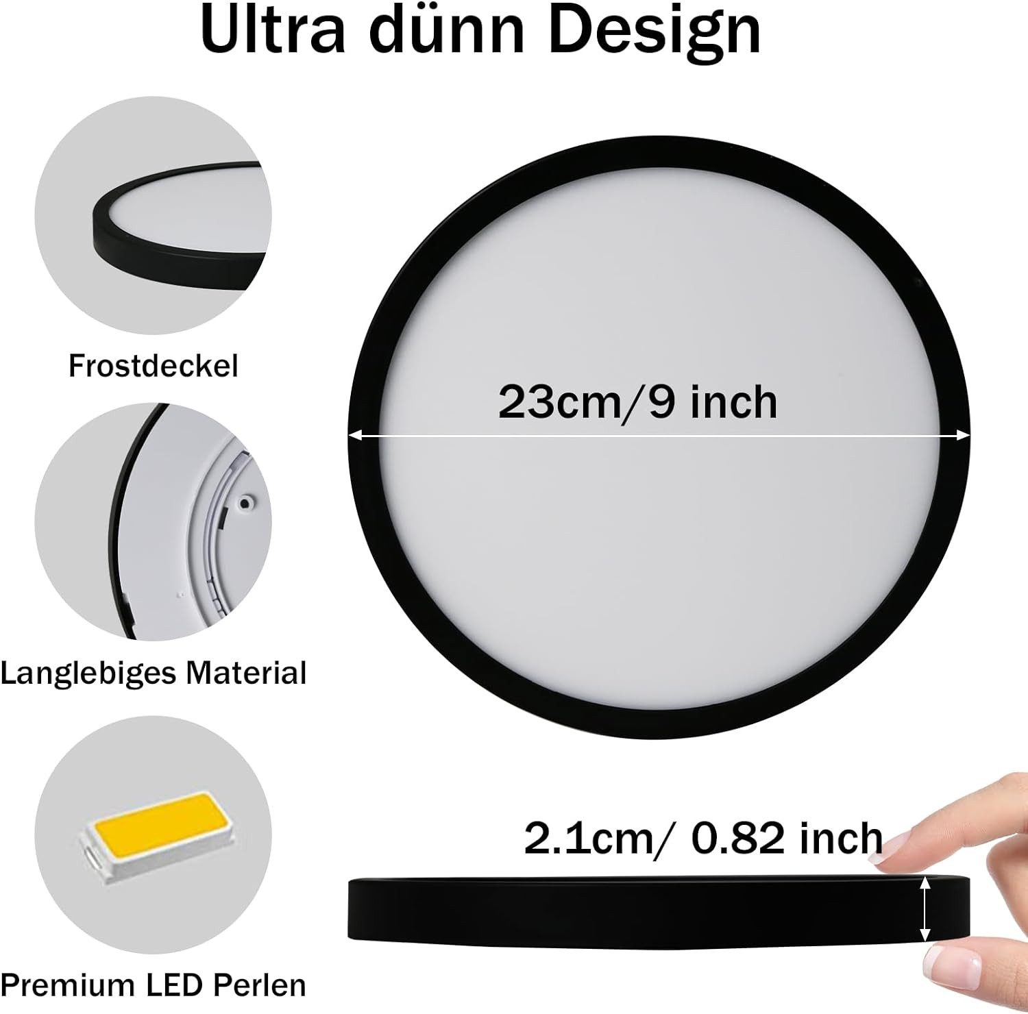 Dettagli di una plafoniera rotonda con dimensioni in cm e pollici. Bianco e nero. Sfondo bianco.