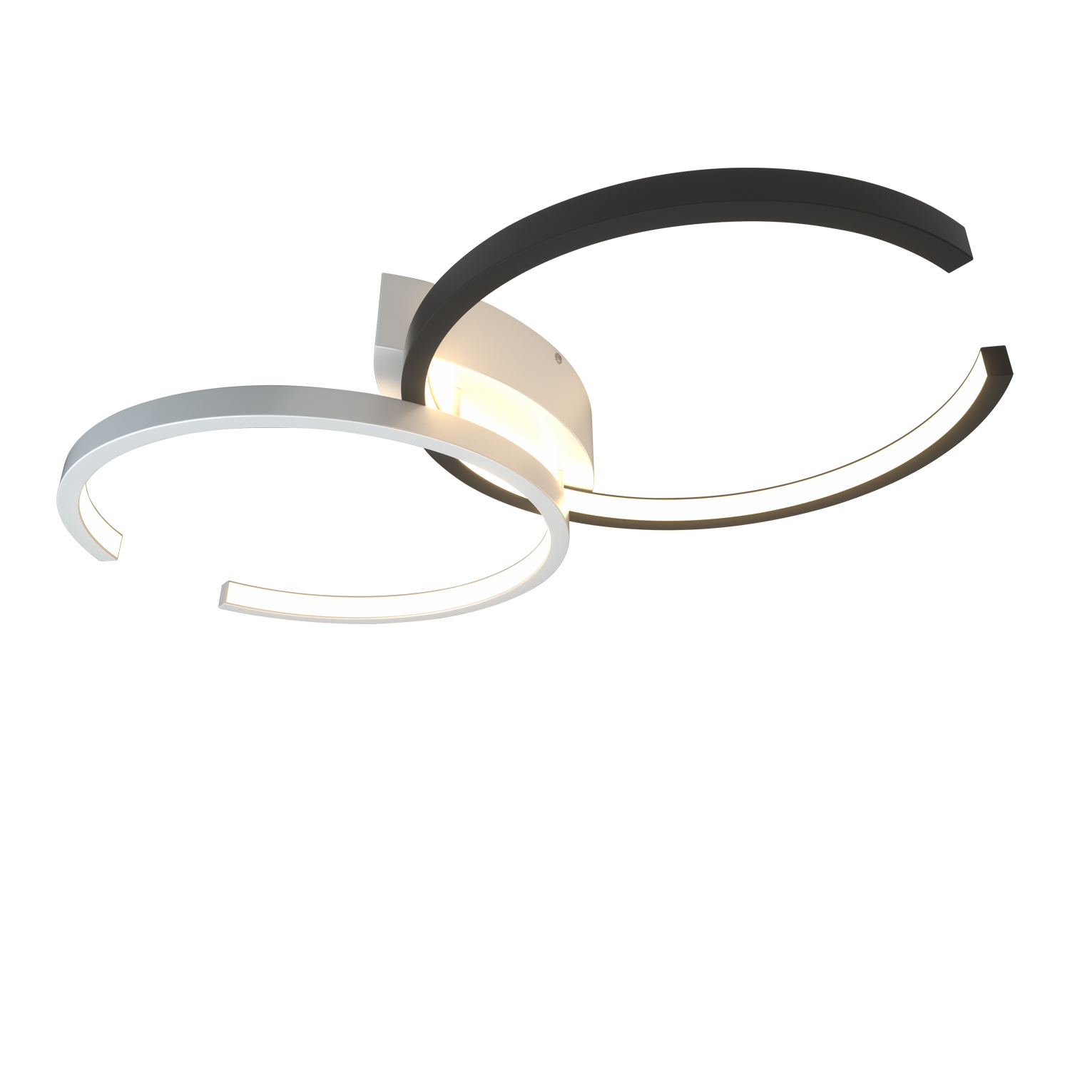 Lampada da soffitto moderna con tre forme curve, sfondo bianco.