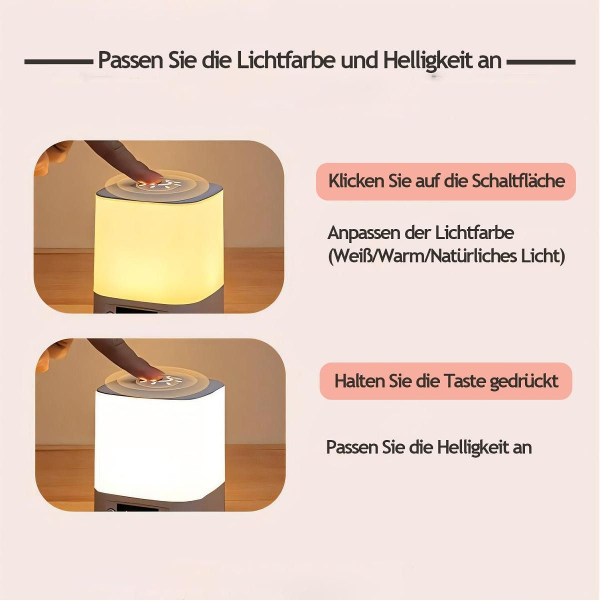 Anweisungen zum Einstellen der Farbe und Helligkeit einer Lampe. Zwei Lampen gezeigt.