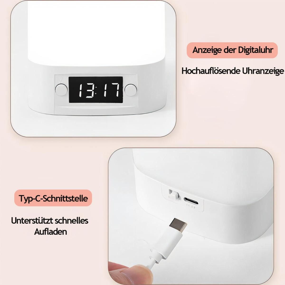 Weißer Nachttischlampe mit Digitaluhr-Anzeige 13:17. Typ-C-Anschluss an der Seite.