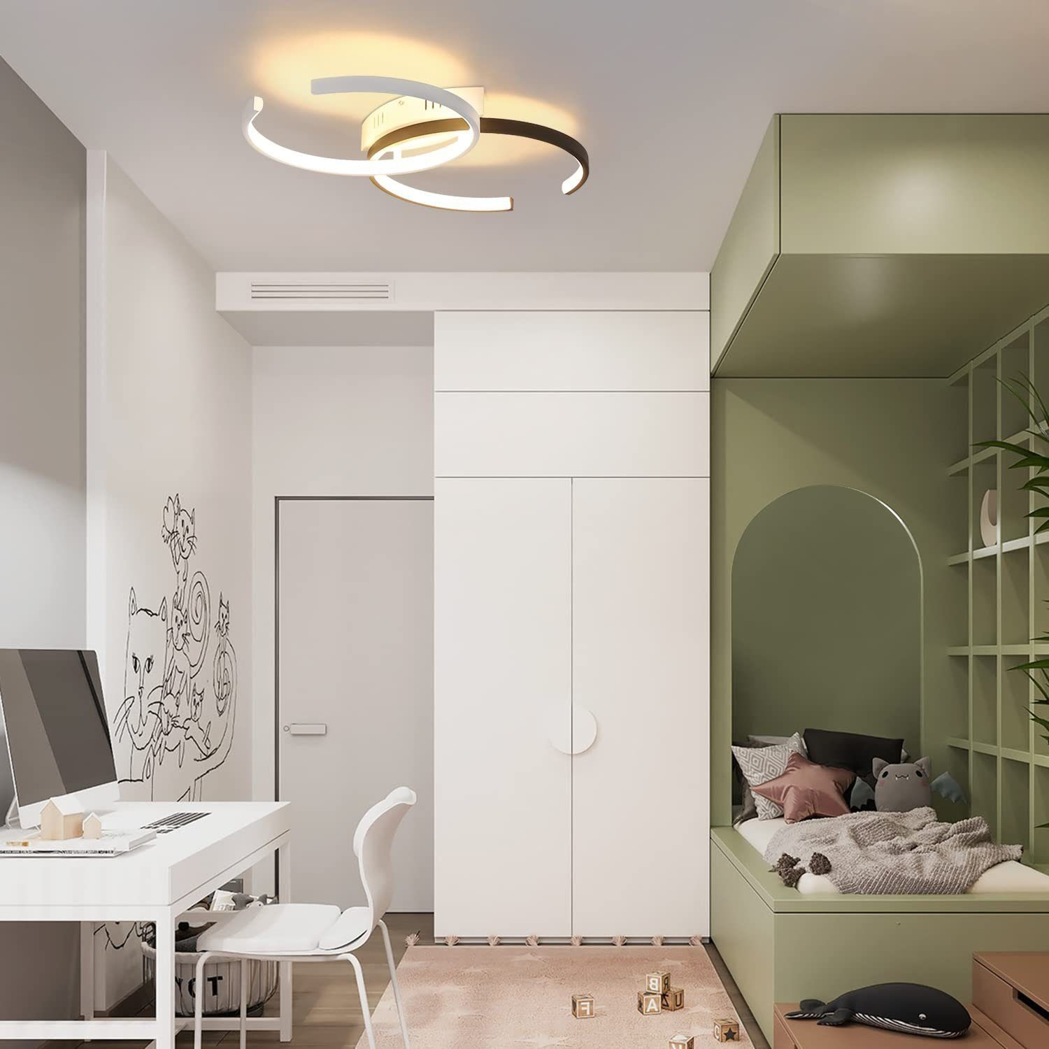Lampada da soffitto moderna nella cameretta di un bambino. Design bianco e nero. Stanza verde e bianca.