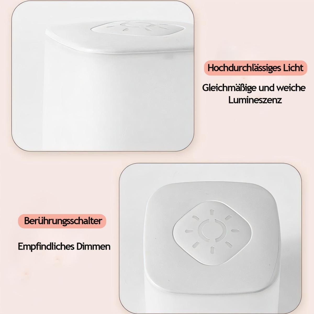 Eine weiße Lampe mit Touch-Schalter. Sie hat eine weiche, gleichmäßige Lichtausbeute.