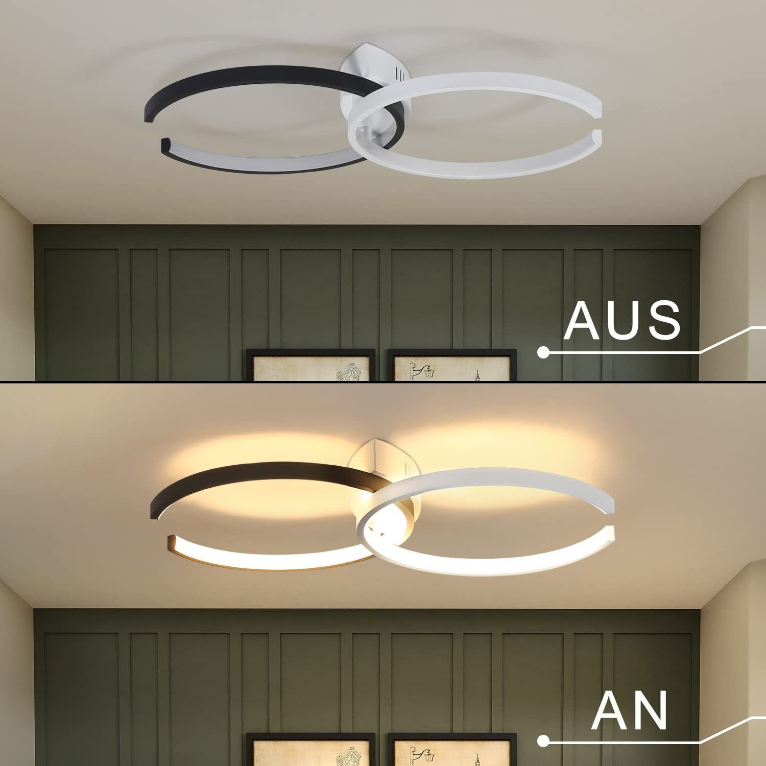 Lampade a soffitto. Sopra: anelli bianchi e neri. Sotto: luci accese. Sfondo parete verde.