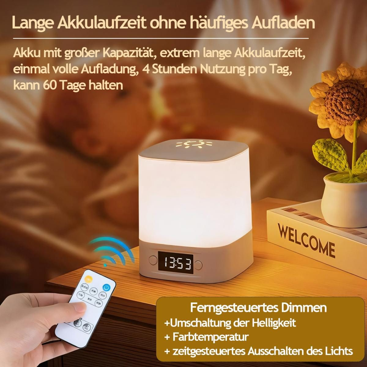 Nachttischlampe mit Uhr und Fernbedienung.