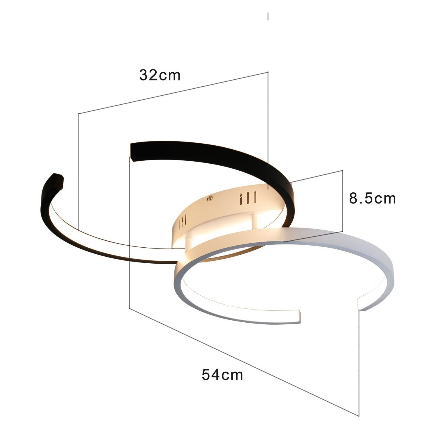 Una plafoniera bianca e nera con un design a spirale. Dimensioni: 54 cm x 32 cm x 8,5 cm.