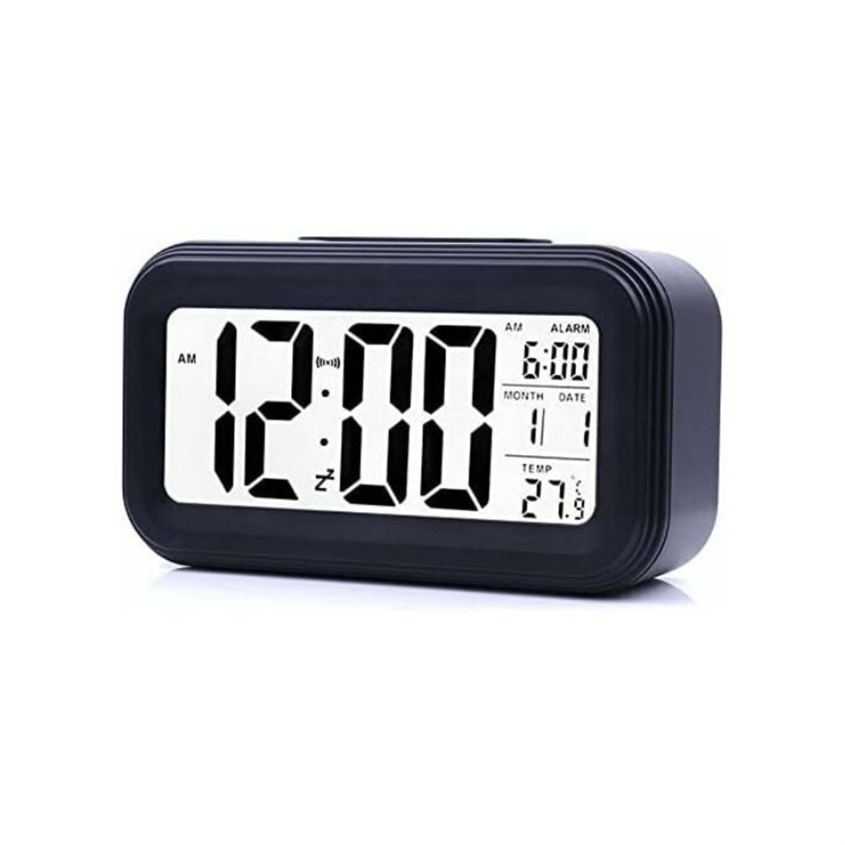 Schwarzer digitaler Wecker mit Uhrzeit, Datum und Temperatur. Das Display ist beleuchtet.